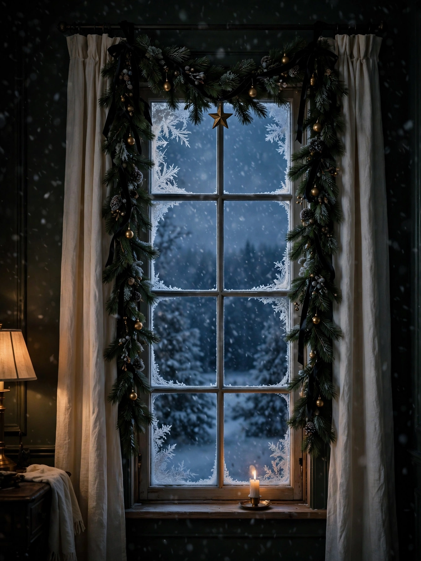 Tall window framed with dark pine garland, black ribbon, and brass ornaments with snow falling outside, a wintry moody christmas decor ideas 2026 window