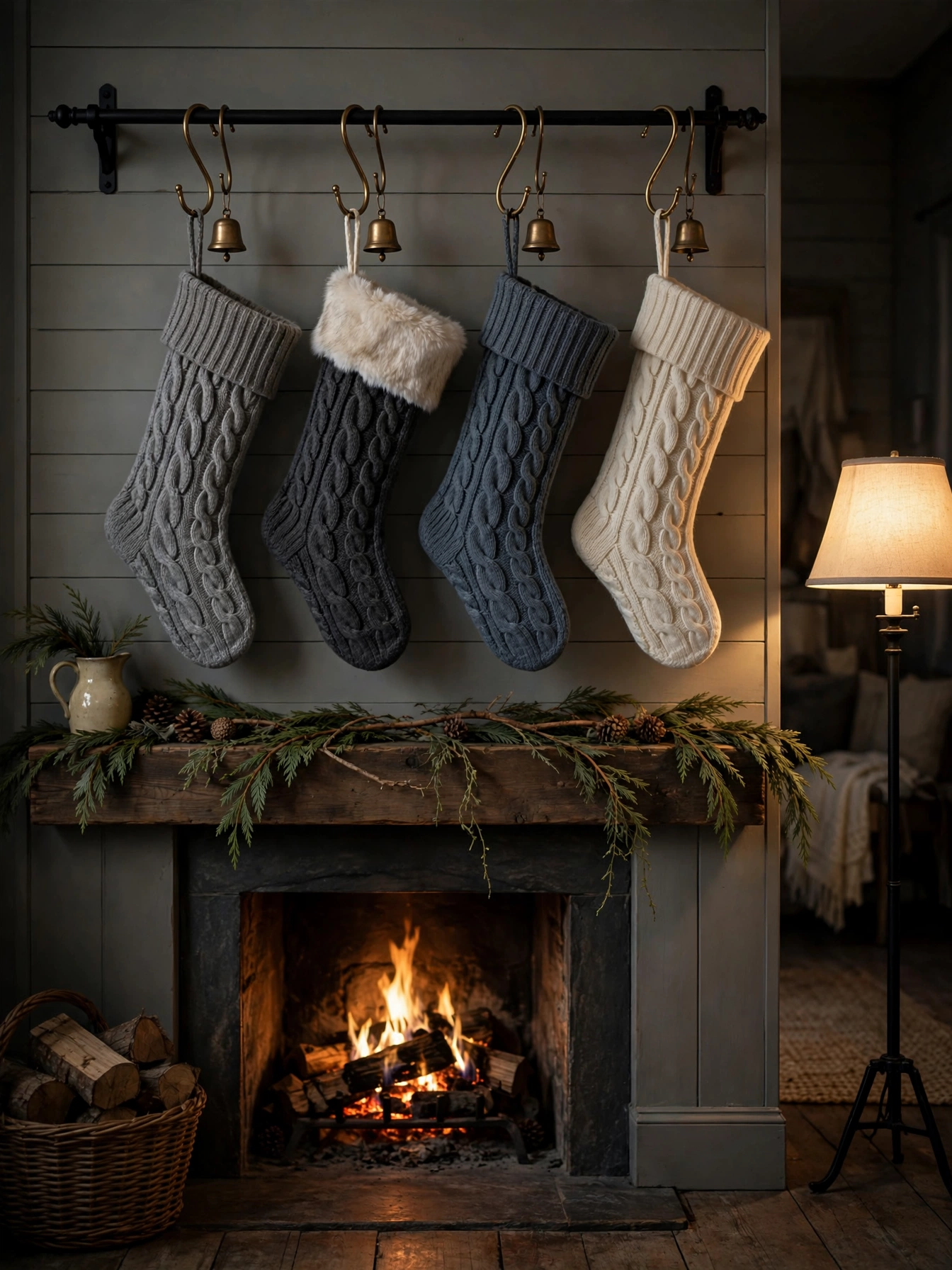 Pewter gray knit stockings hanging from a black iron mantel rail with brass hooks, a cozy moody christmas decor ideas 2026 mantel