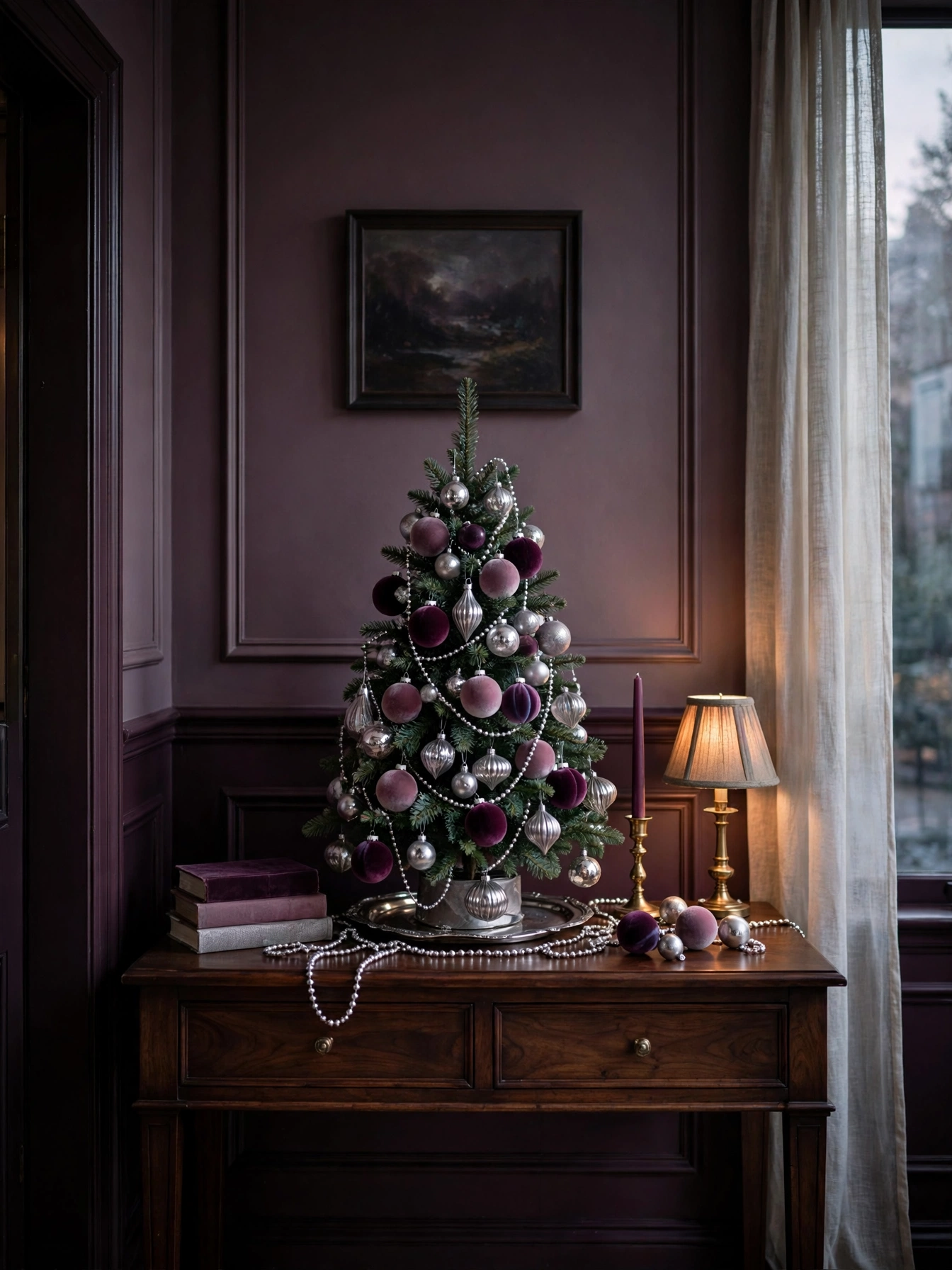 Tabletop tree in plum, mauve, and silver ornaments on a dark walnut console, a soft moody christmas decor ideas 2026 entryway accent