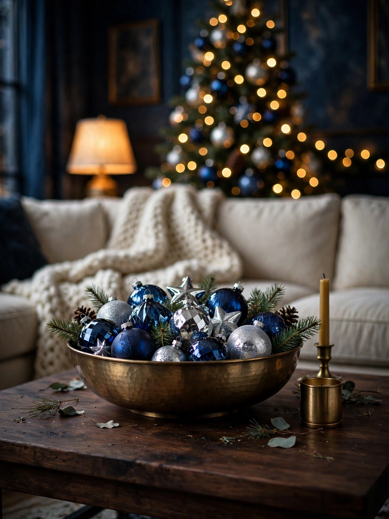 Wide brass bowl filled with sapphire, navy, and silver ornaments on a dark walnut table, a jewel toned moody christmas decor ideas 2026 centerpiece