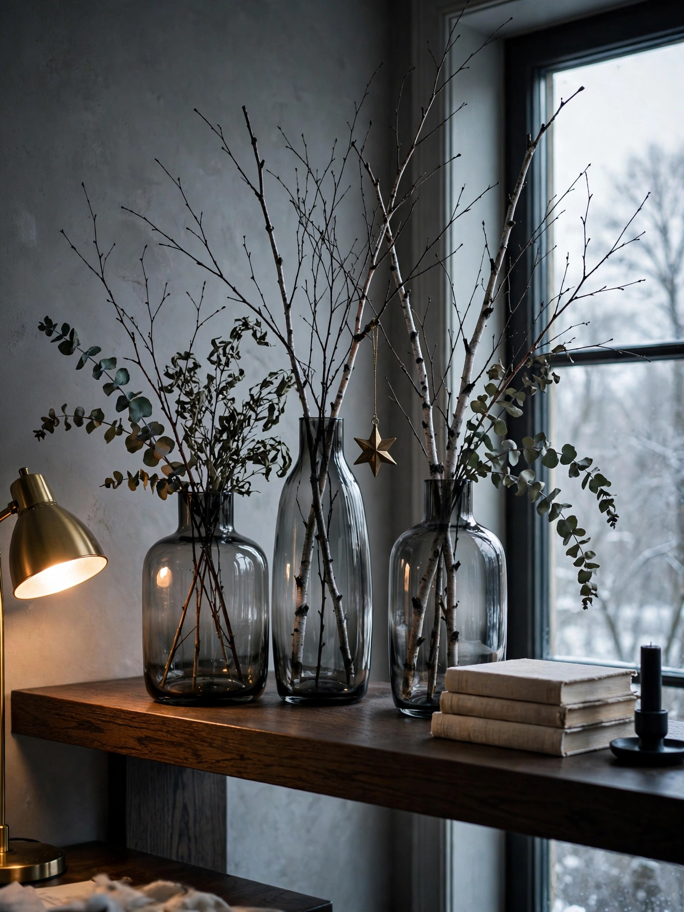 Three smoked glass vases with bare winter branches and dried eucalyptus on a dark oak shelf, a quiet moody christmas decor ideas 2026 shelf display