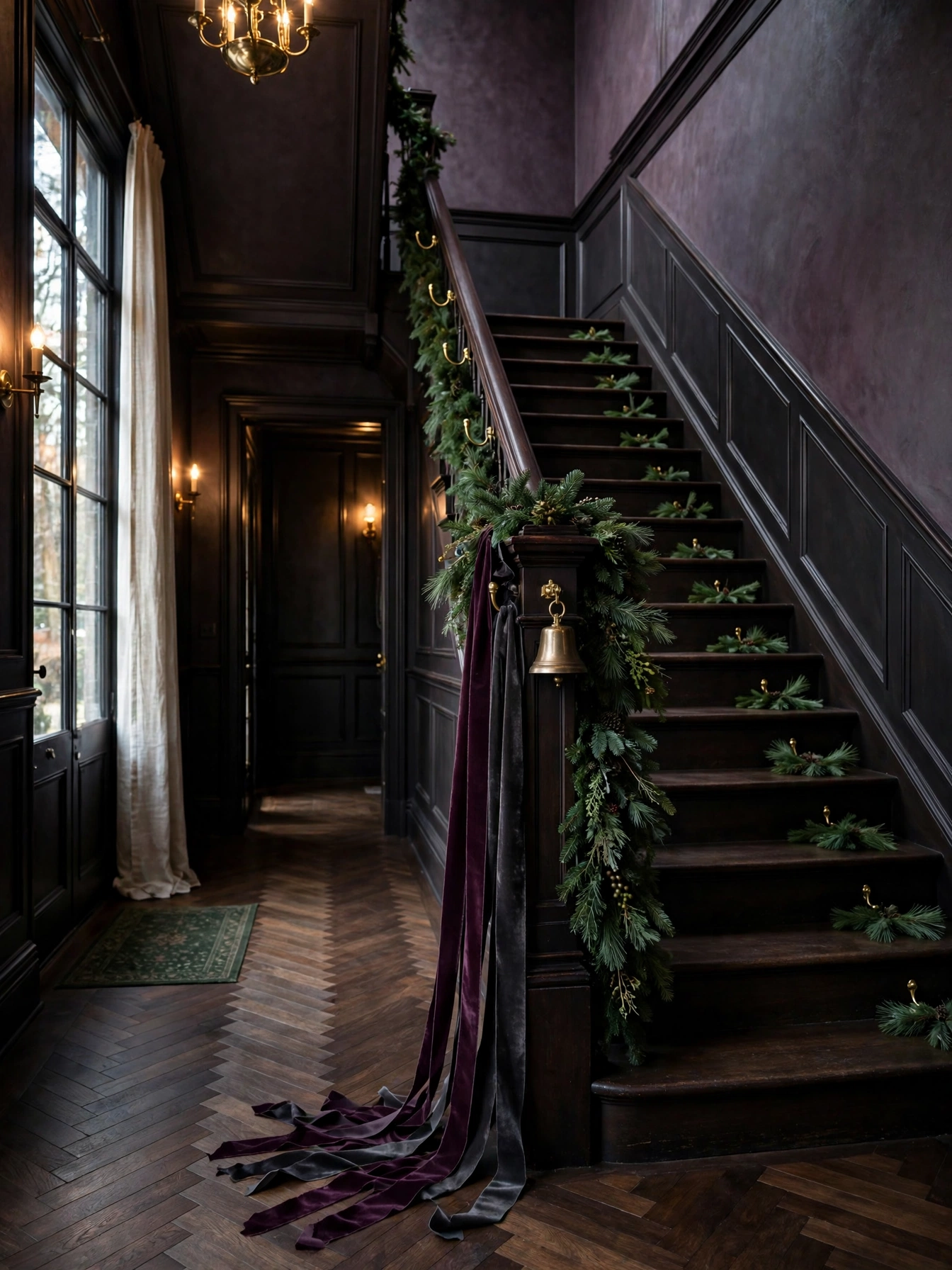 Staircase banister wrapped with dark green garland and long plum and charcoal velvet ribbon tails, a grand moody christmas decor ideas 2026 stair display