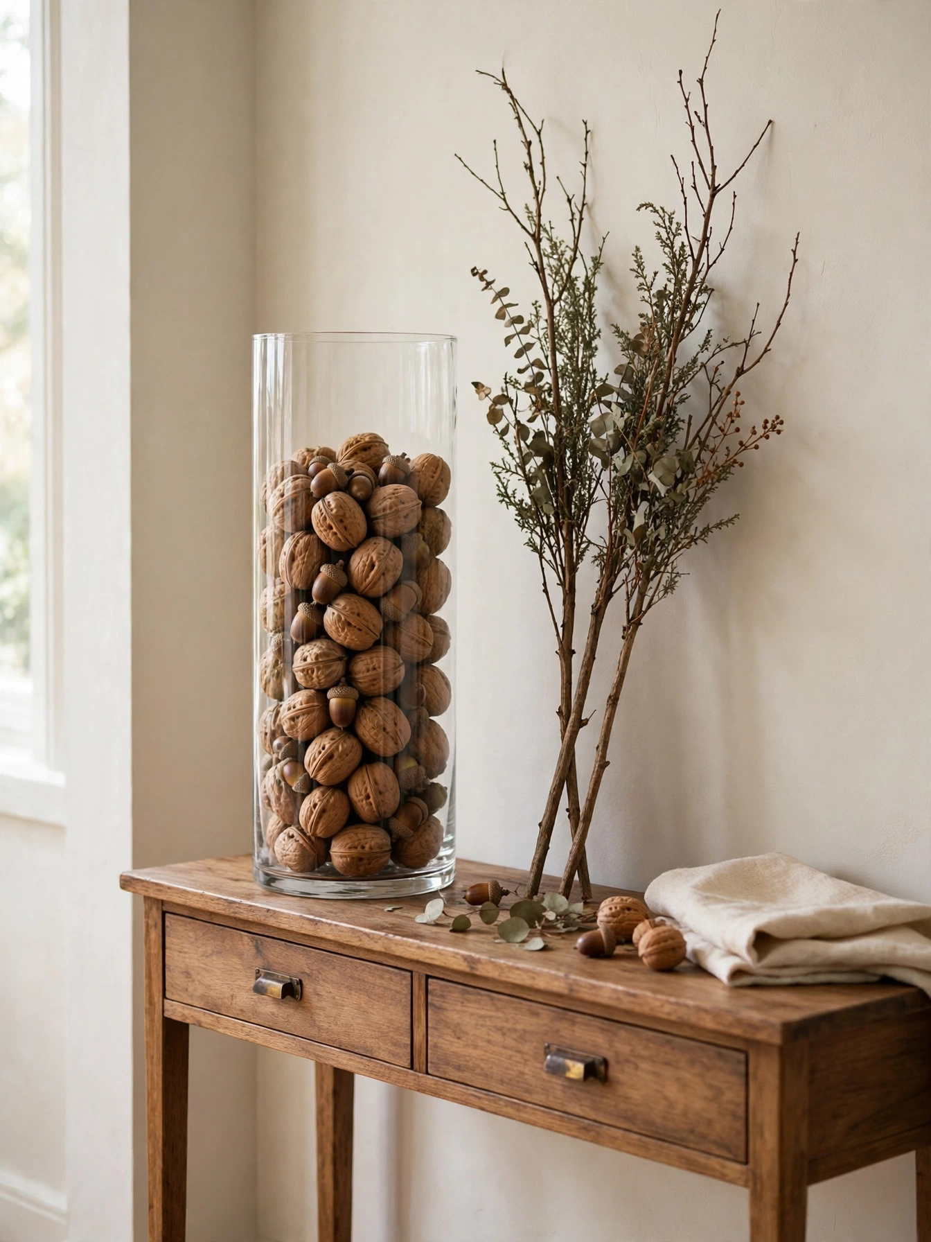 A natural christmas decor ideas 2026 entry display: tall glass vase filled with acorns and walnuts beside dried branches on a console table.