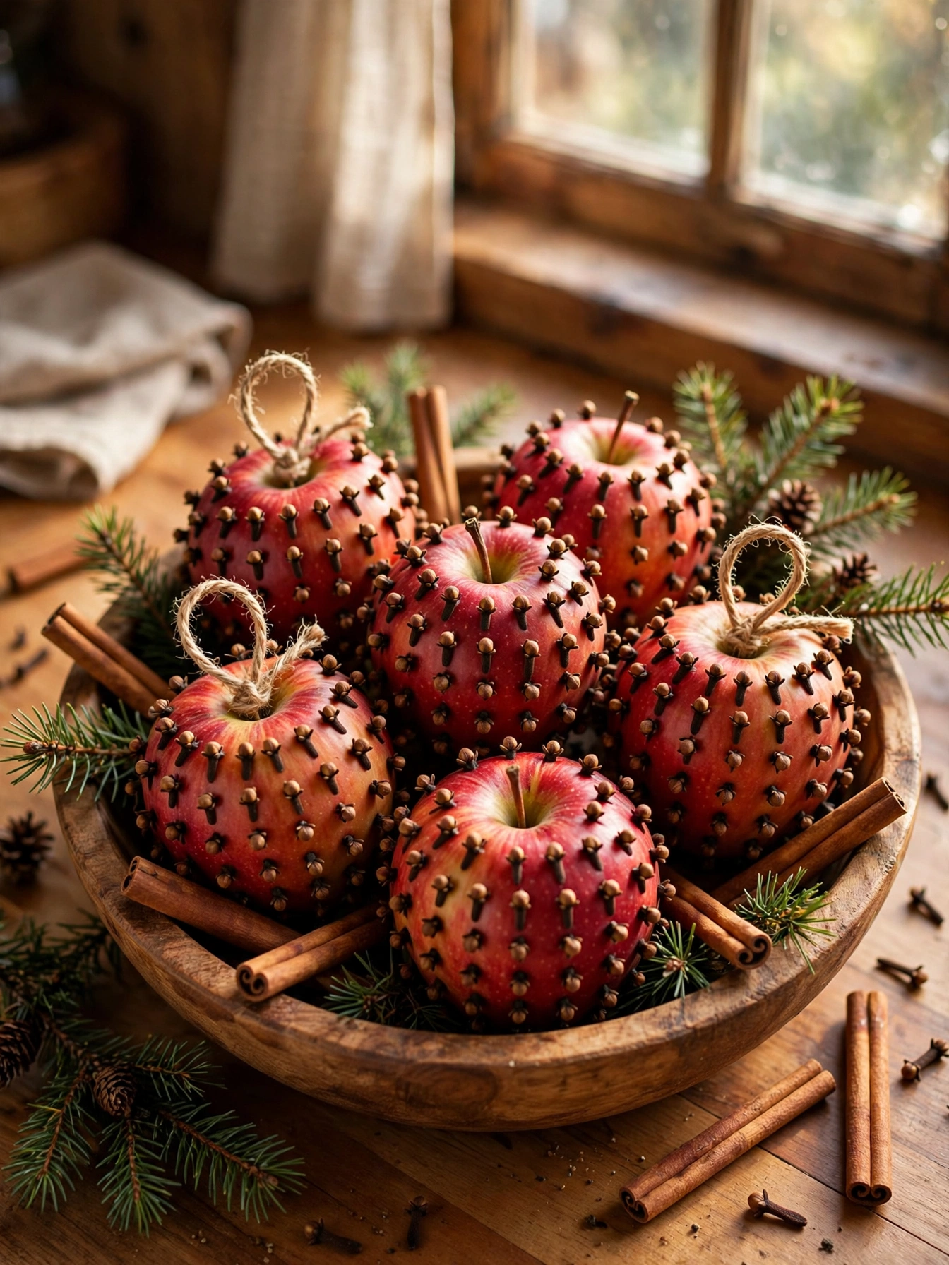 A natural christmas decor ideas 2026 kitchen display: apple and clove pomanders in a wooden bowl with cinnamon sticks and pine sprigs on a kitchen counter.