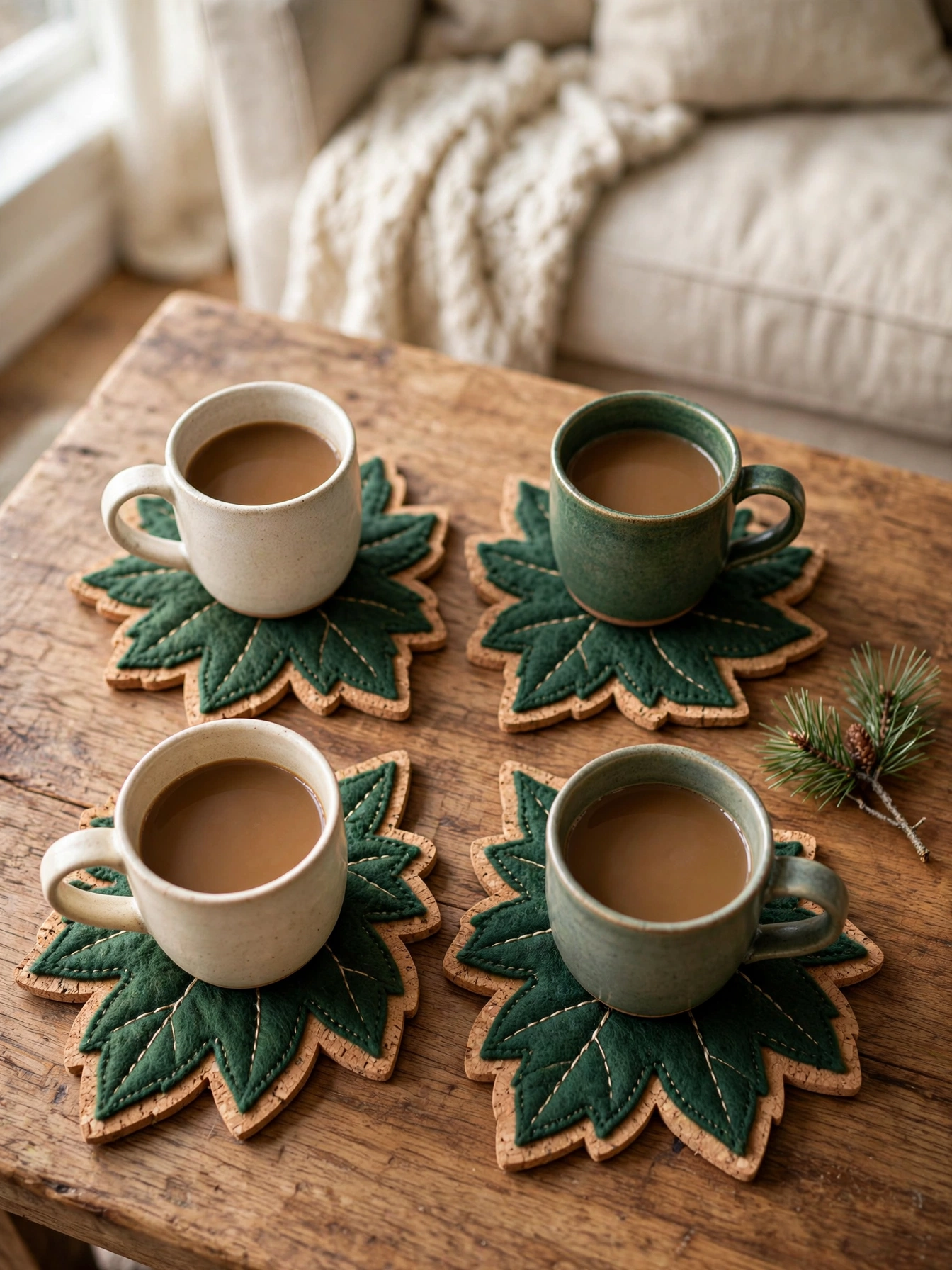 A natural christmas decor ideas 2026 coffee table detail: leaf shaped cork and felt coasters under mugs on a wooden coffee table with a small pine sprig.