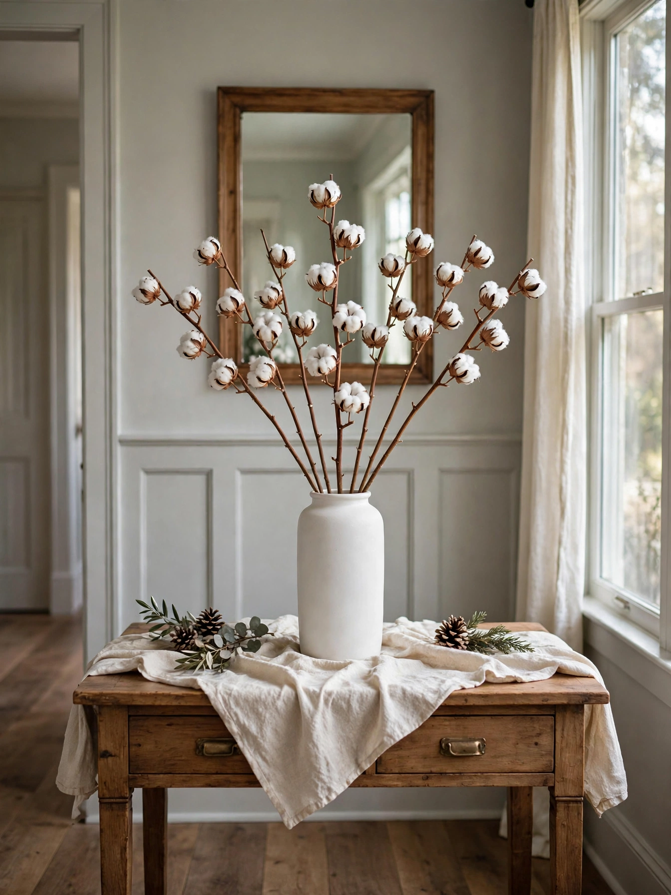 Cotton boll stems in a tall white ceramic vase on a console table with a linen runner, a natural christmas decor ideas 2026 hallway display.