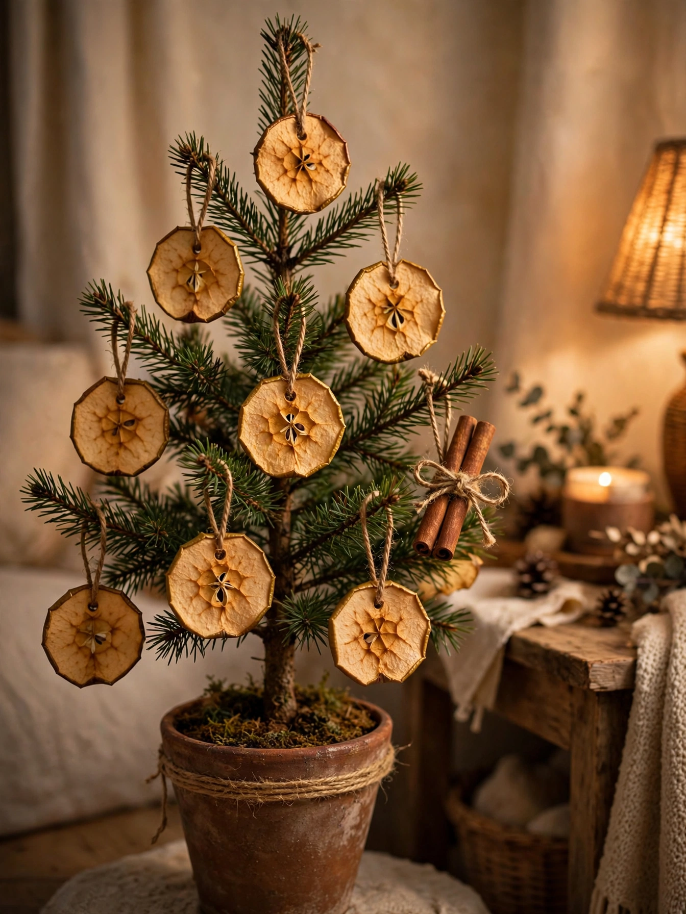 Dried apple slice ornaments hanging from a small potted pine tree with jute loops, a natural christmas decor ideas 2026 handmade accent.