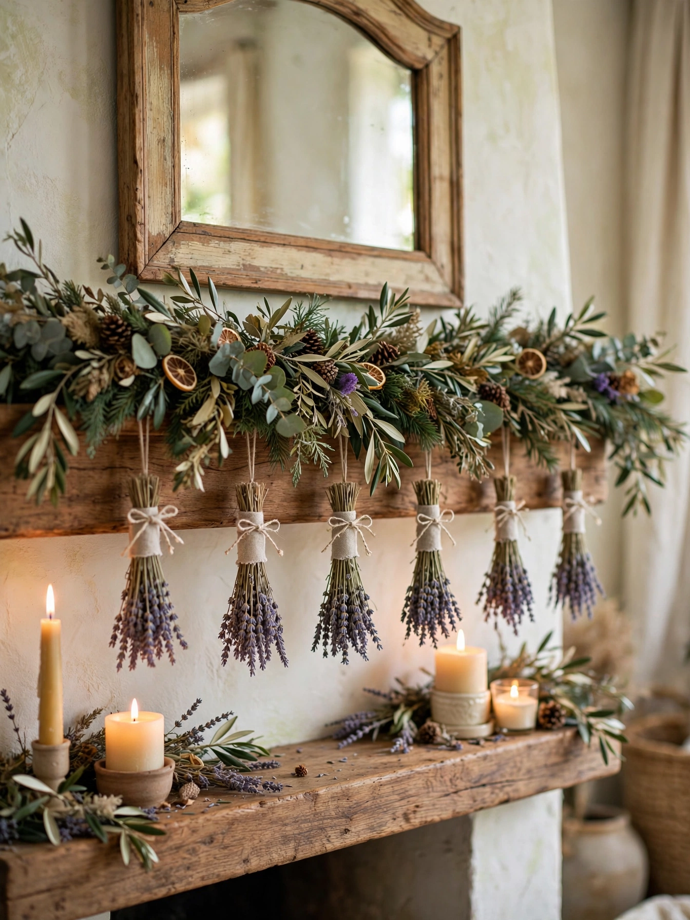 A natural christmas decor ideas 2026 mantel accent: small dried lavender bundles tied with linen string hanging from a white mantel garland.
