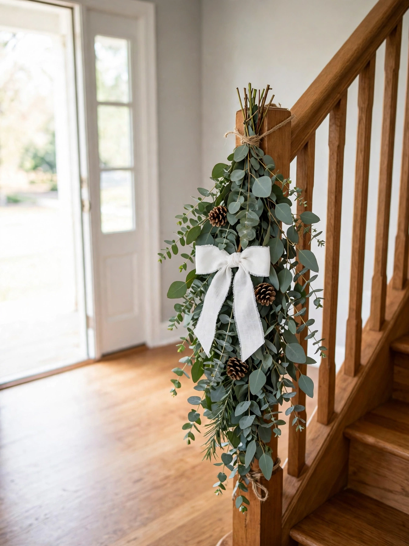 A natural christmas decor ideas 2026 entry accent: eucalyptus swag tied to a wooden stair railing with white ribbon and small pinecones.