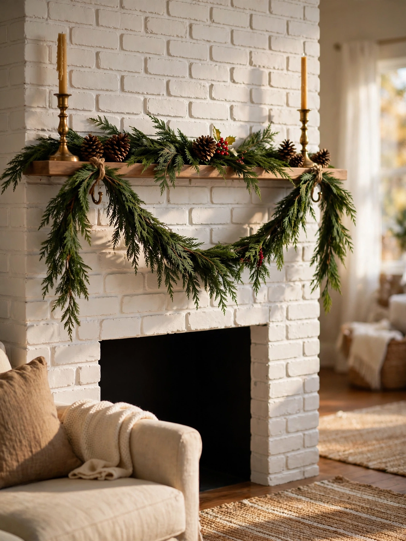 Fresh cedar garland draped across a white brick fireplace mantel with brass candlesticks and pinecones, a natural christmas decor ideas 2026 mantel display.