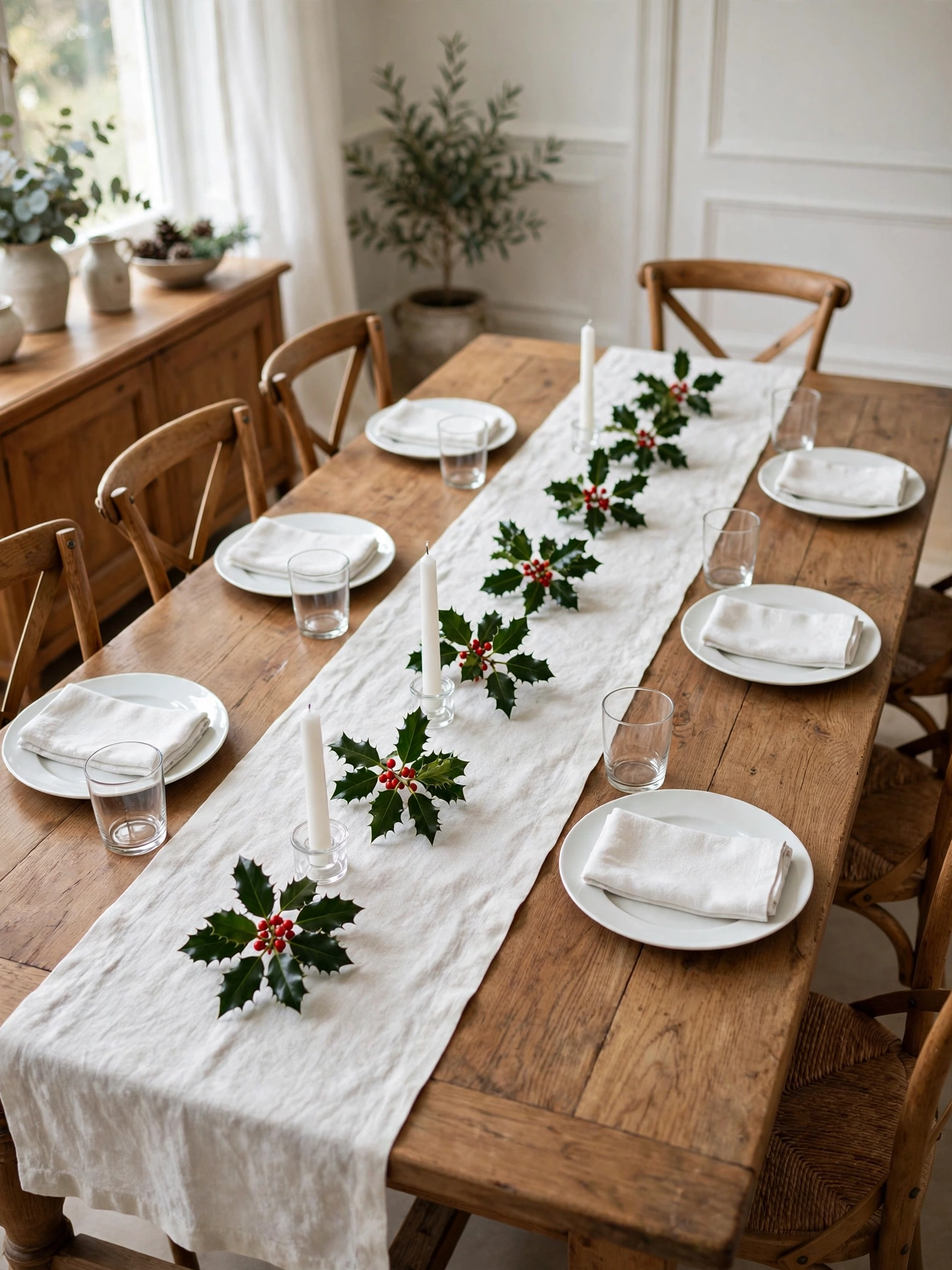 A natural christmas decor ideas 2026 table setting: fresh holly runner down the center of a wooden dining table with white plates and clear glasses.