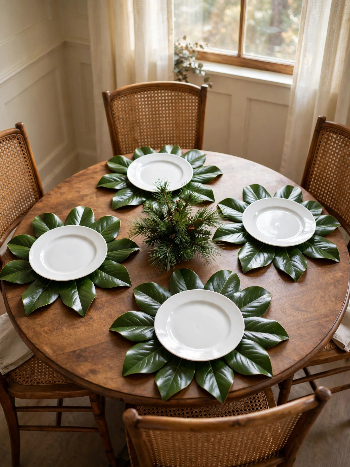 Magnolia leaf placemats under white plates on a round wooden table with a small pine centerpiece, a natural christmas decor ideas 2026 dining setup.