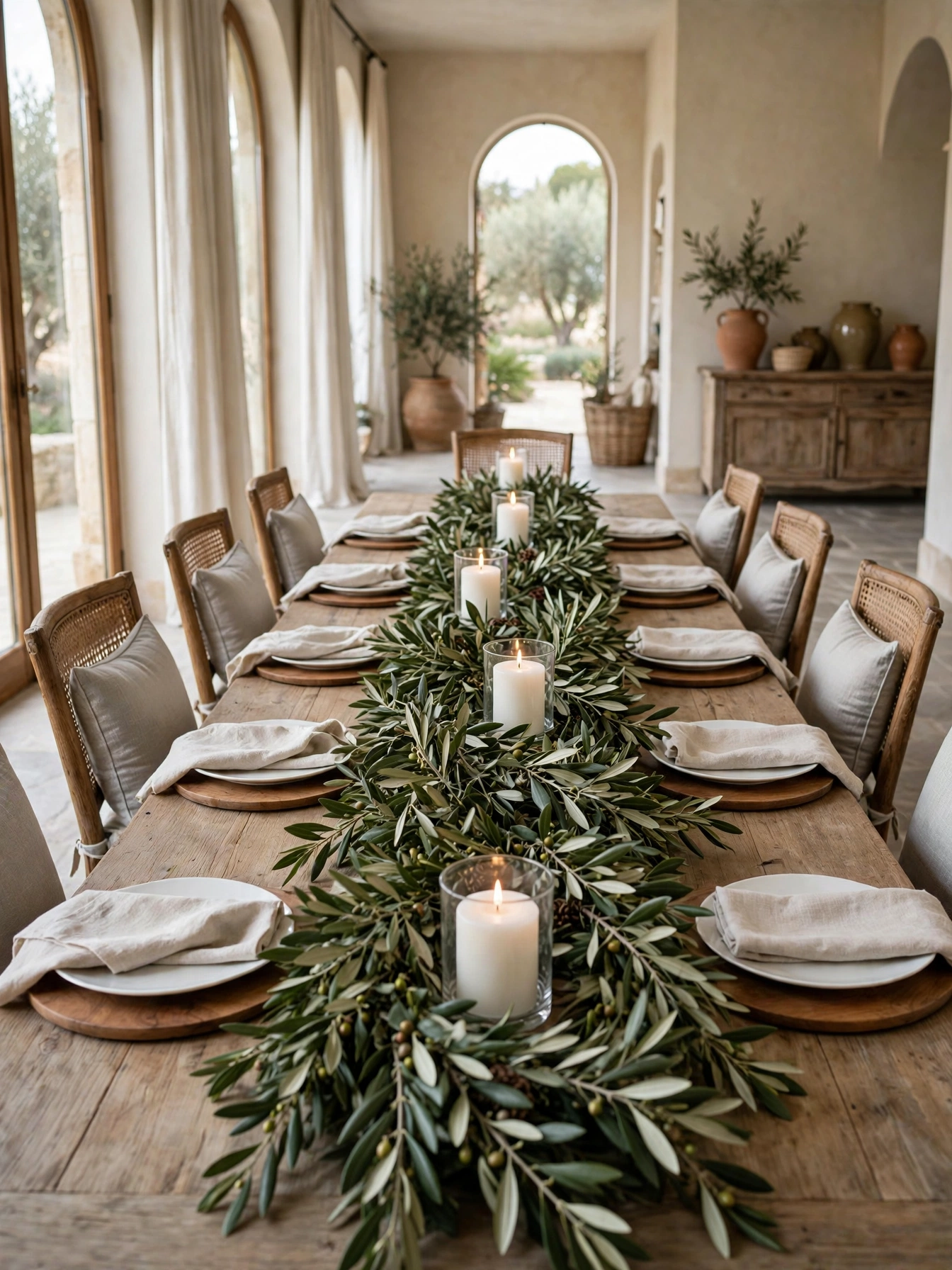 A natural christmas decor ideas 2026 dining display: olive branch swag down the center of a long farmhouse table with white plates and wood chargers.