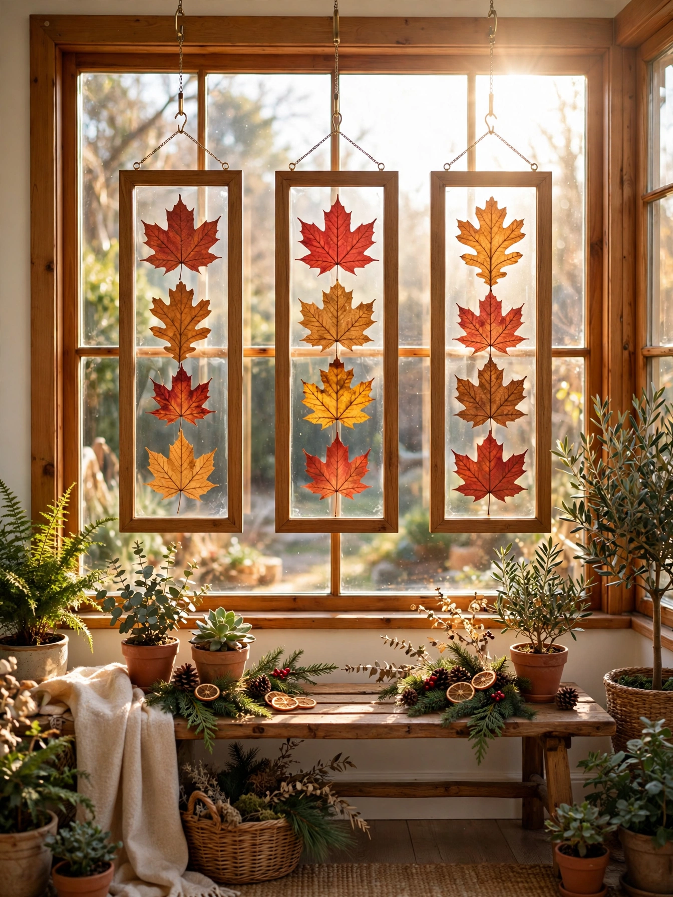 A natural christmas decor ideas 2026 window display: pressed leaves between glass panels hanging in a sunny window with wood frames.