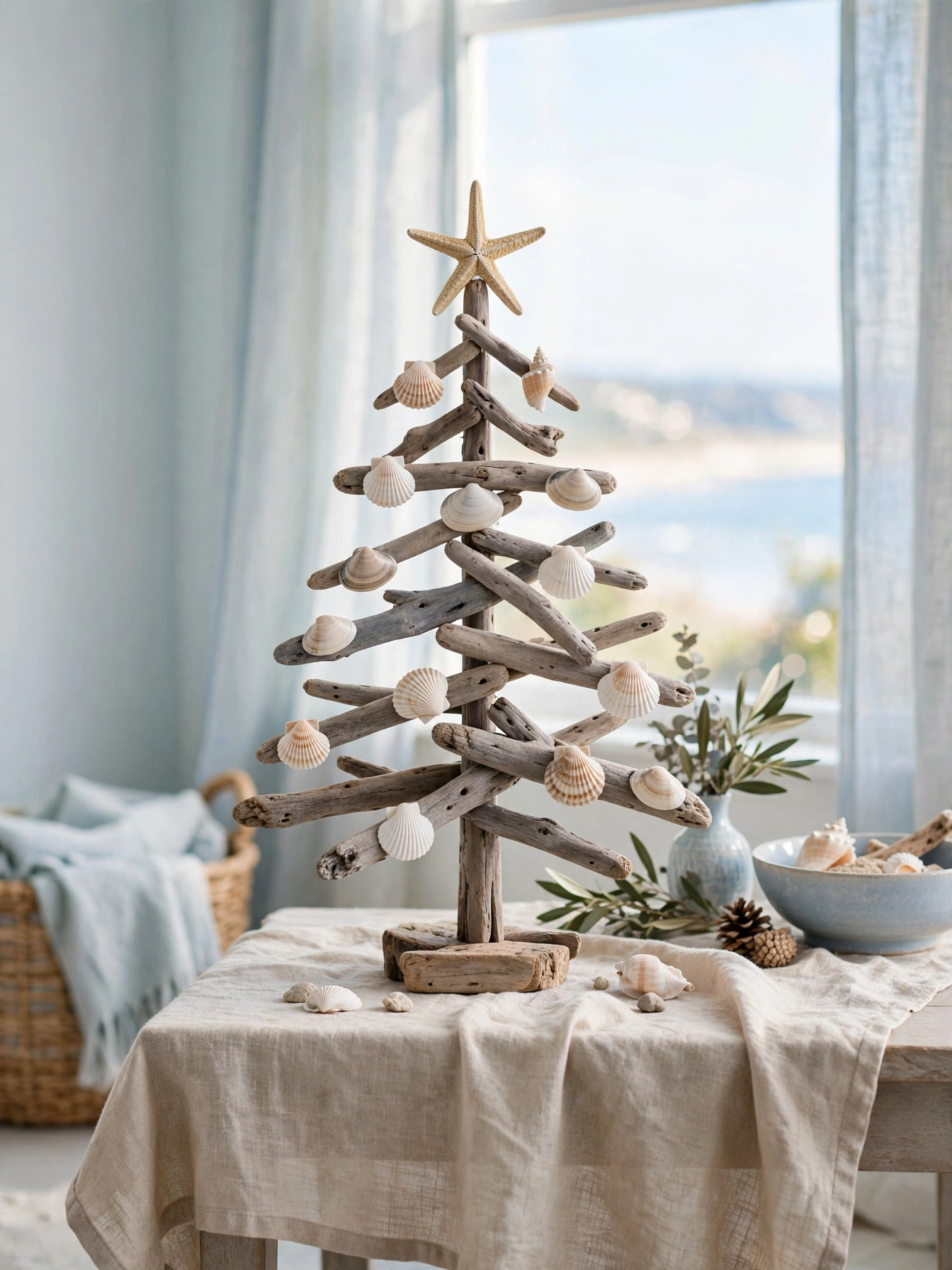 A natural christmas decor ideas 2026 coastal accent: small tree made from driftwood and seashells on a side table with a linen cloth.