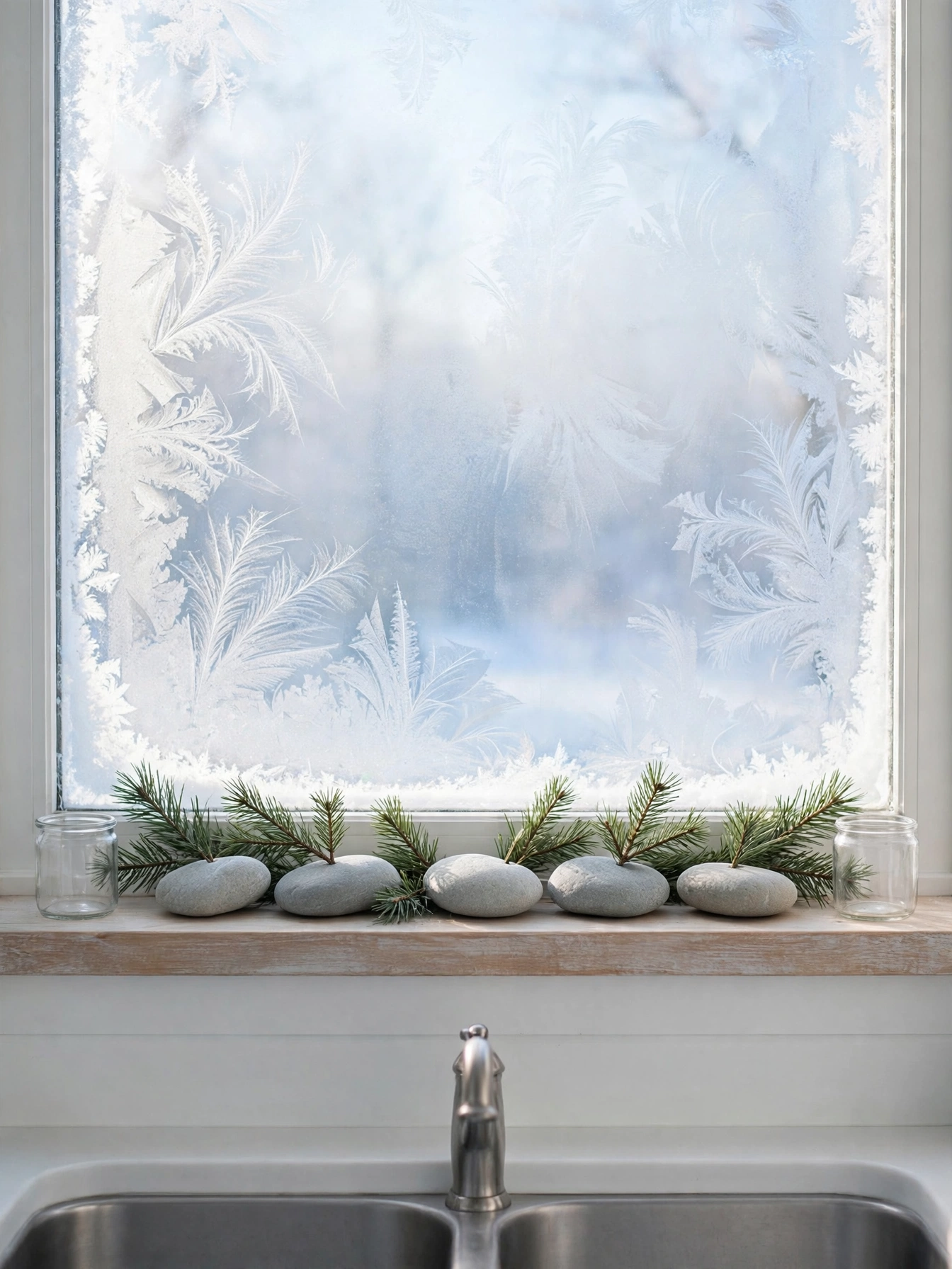 A natural christmas decor ideas 2026 window sill display: smooth stones and pine sprigs lined along a wide window sill with frost on the glass.