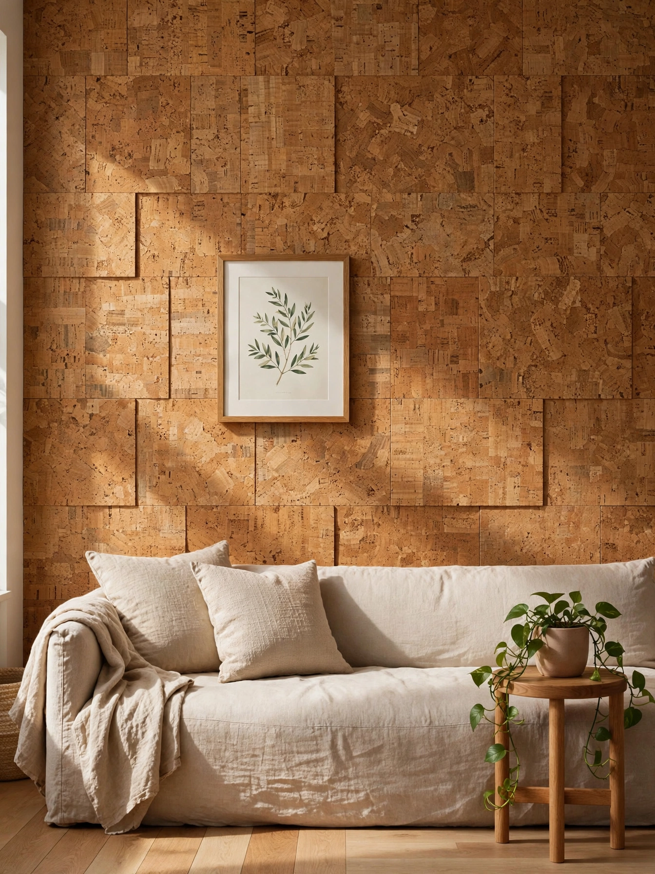 Natural cork tile accent wall warming the sofa backdrop in these natural living room ideas
