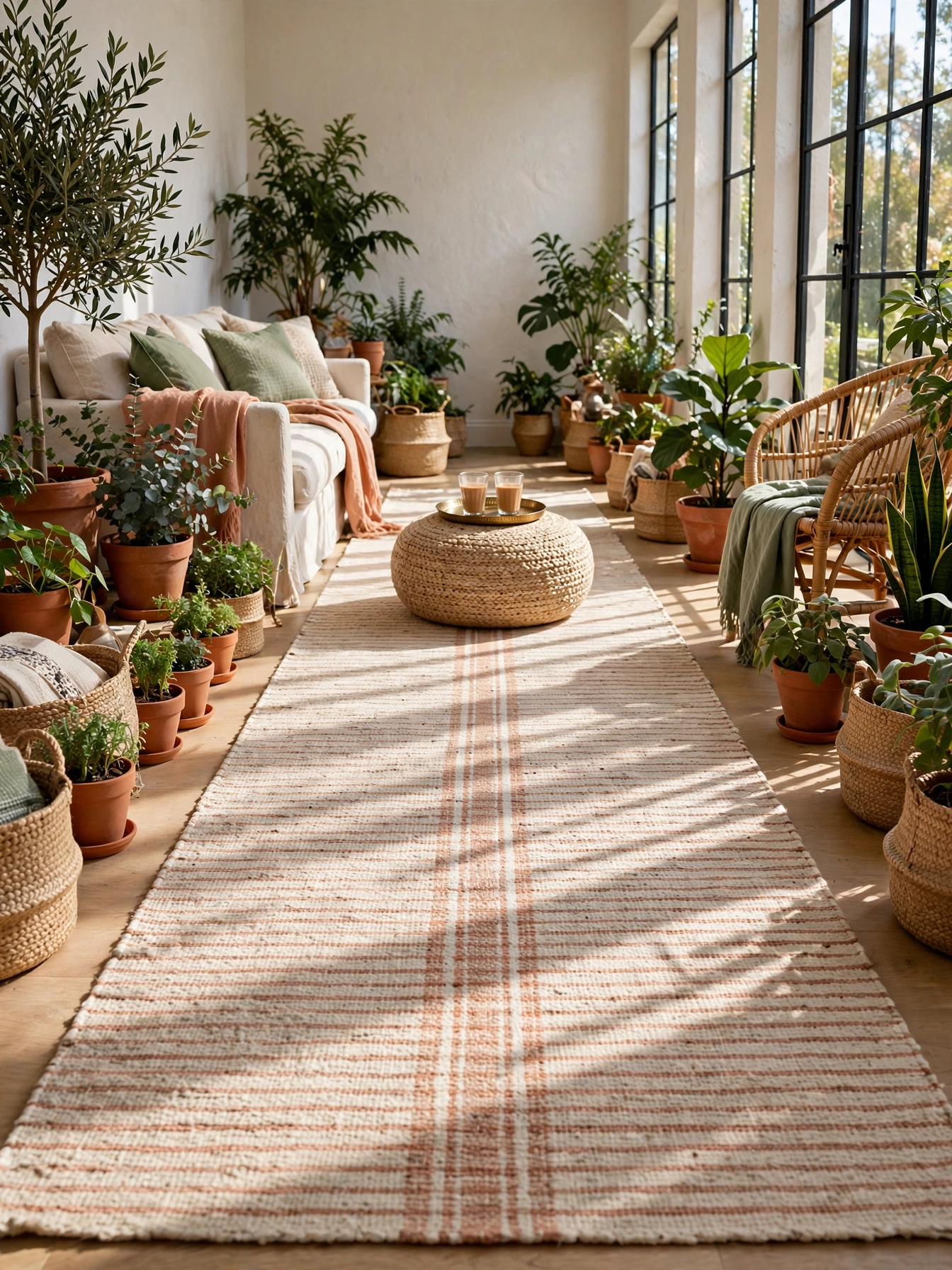 Handwoven cotton dhurrie runner connecting seating zones in these natural living room ideas