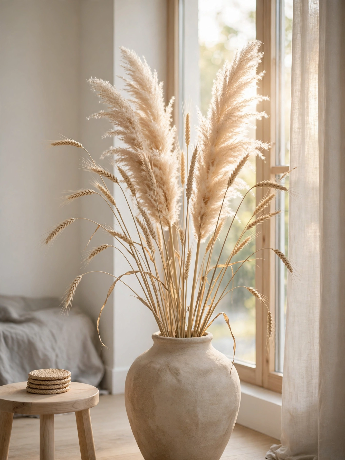 Dried pampas grass plumes adding soft height to these natural living room ideas