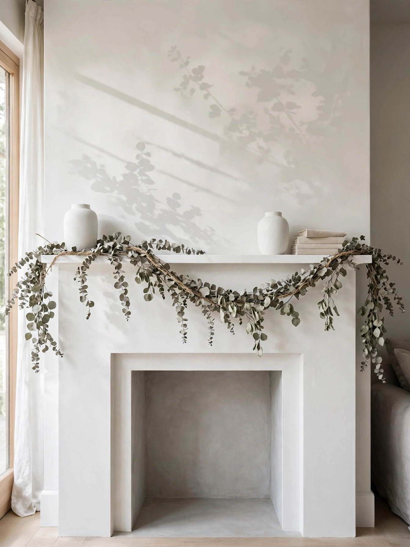 Dried eucalyptus garland draping the mantel in these natural living room ideas