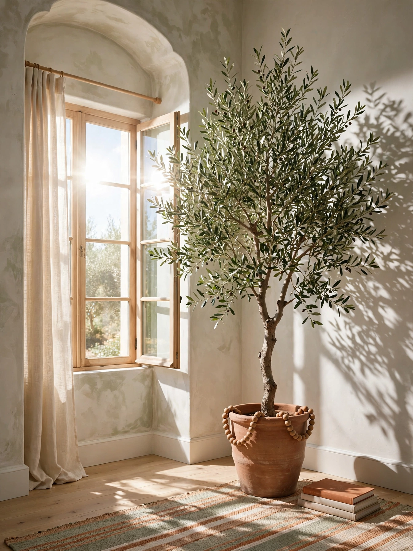 Tall potted olive tree bringing sculptural greenery to these natural living room ideas