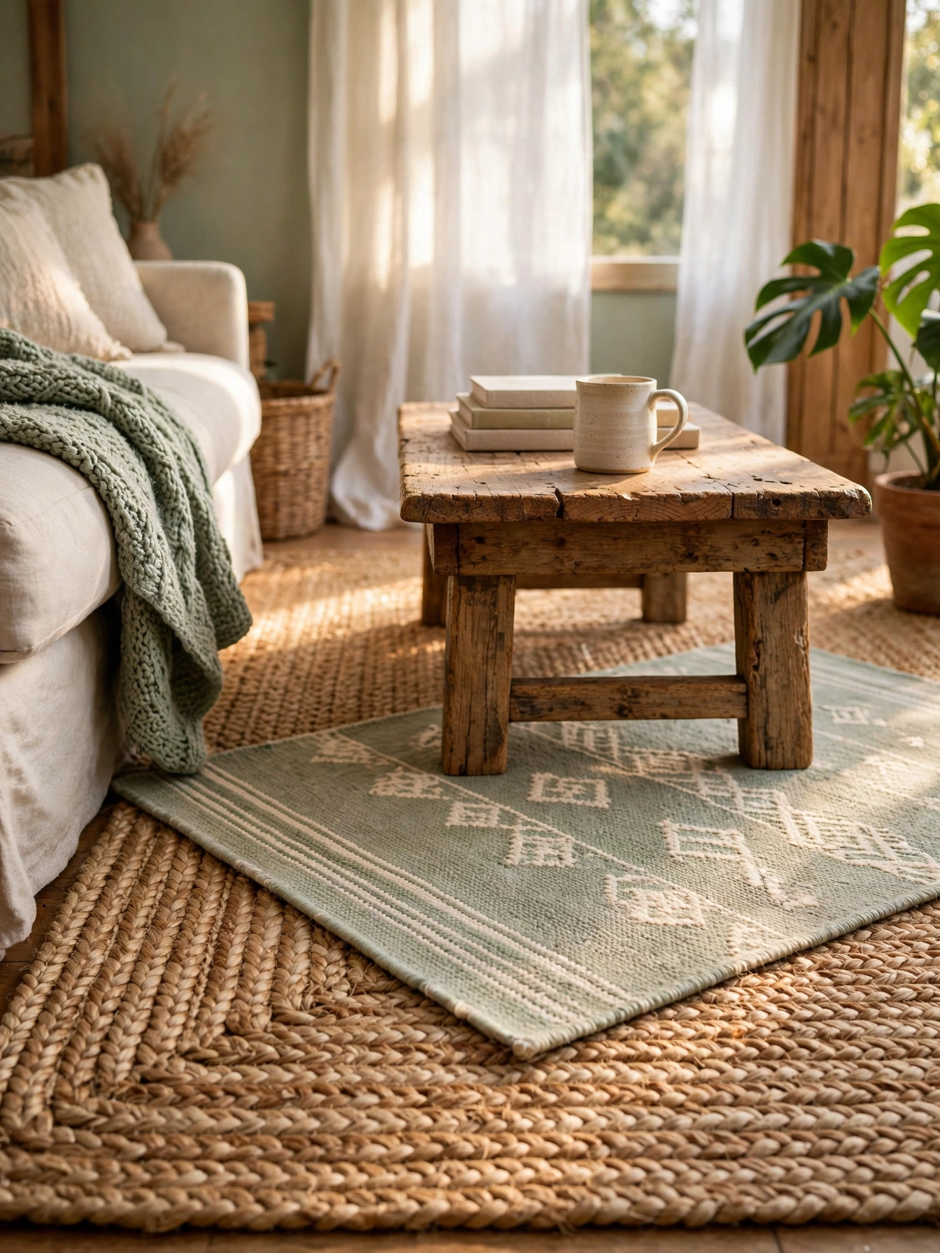 Layered jute rugs grounding these natural living room ideas under a reclaimed wood coffee table