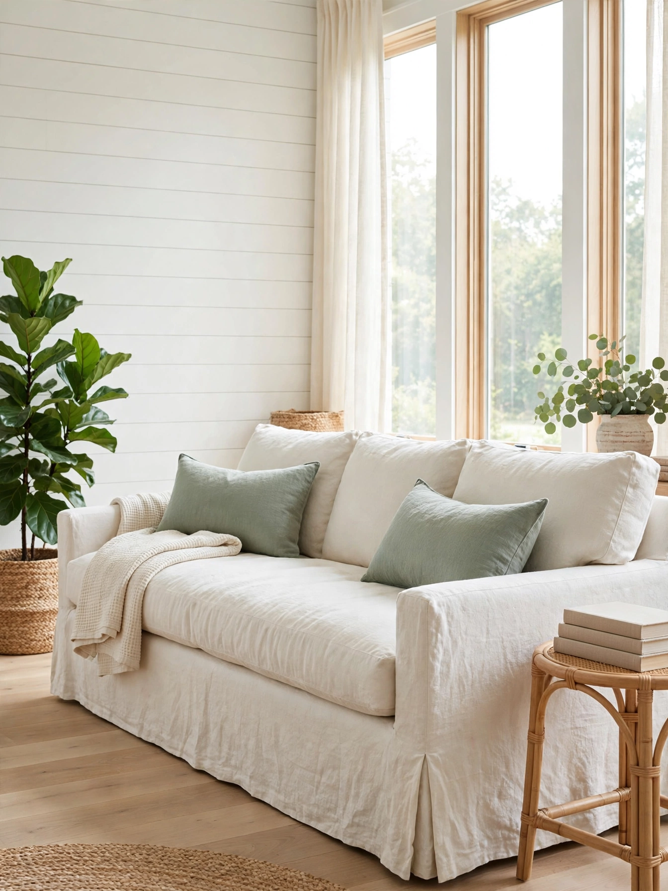 Ivory linen slipcovered sofa brightening these natural living room ideas with breezy texture