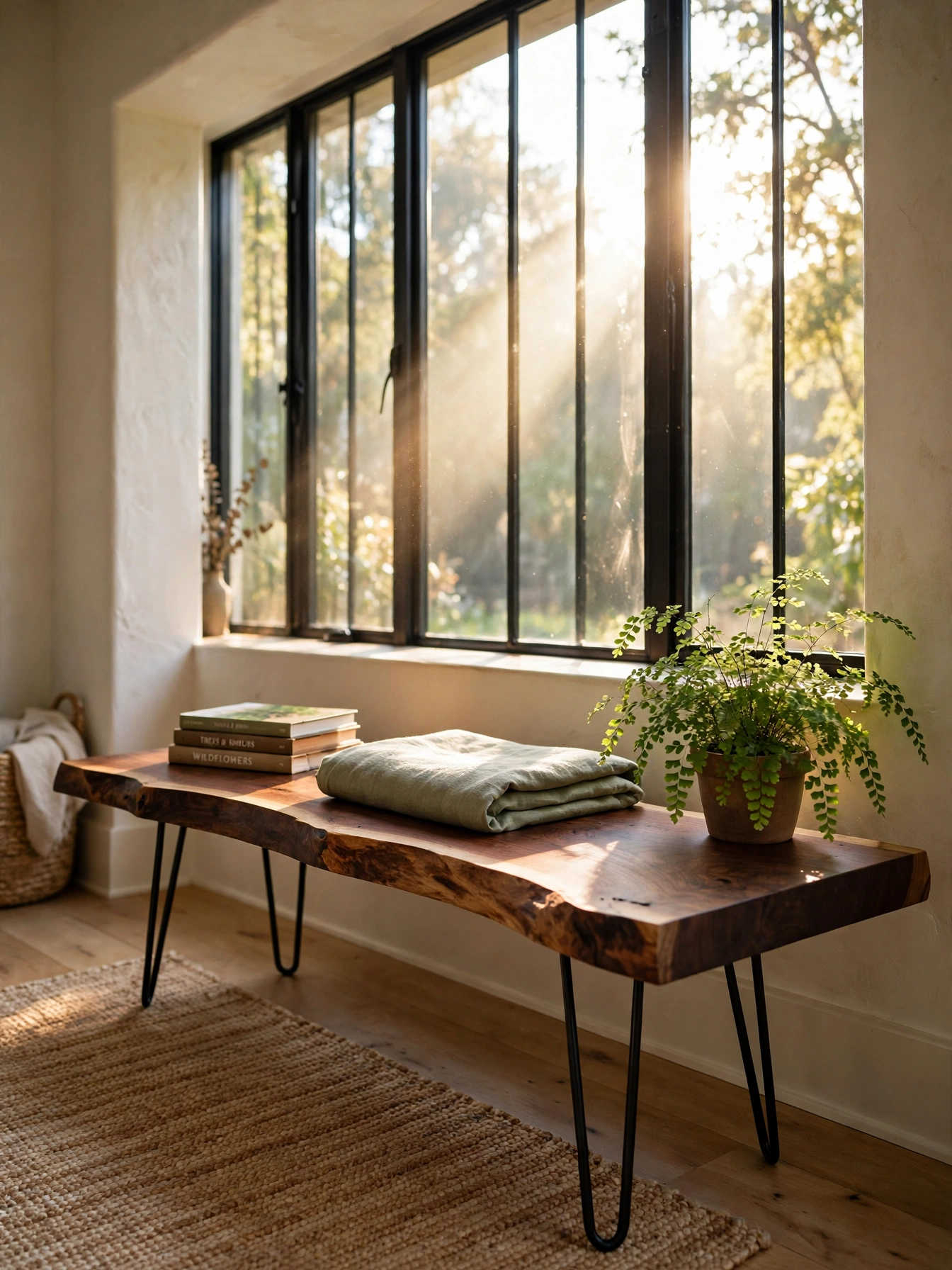Live-edge walnut bench bringing artisanal wood grain to these natural living room ideas