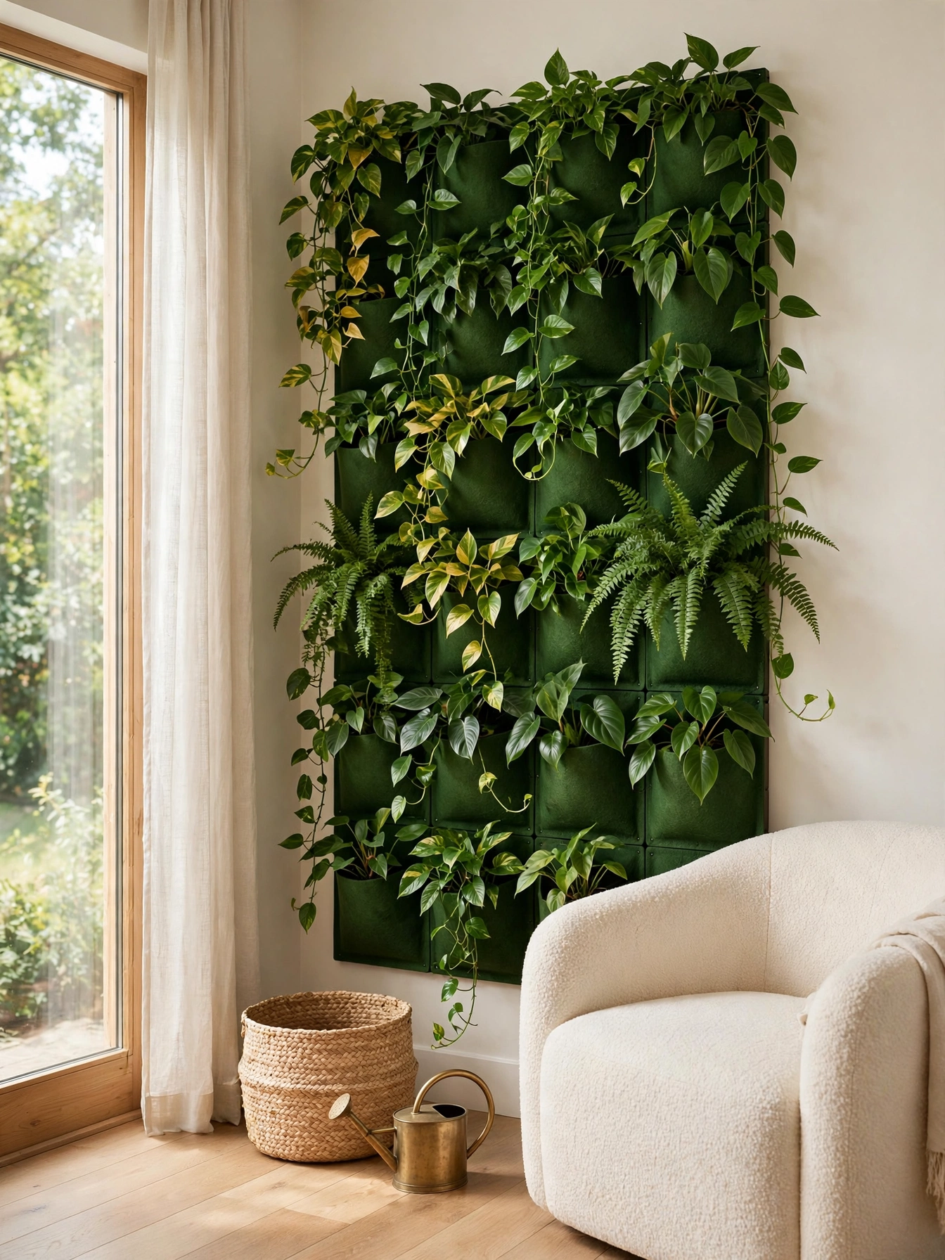 Living plant wall panel bringing natural living room ideas to life in a sunlit corner