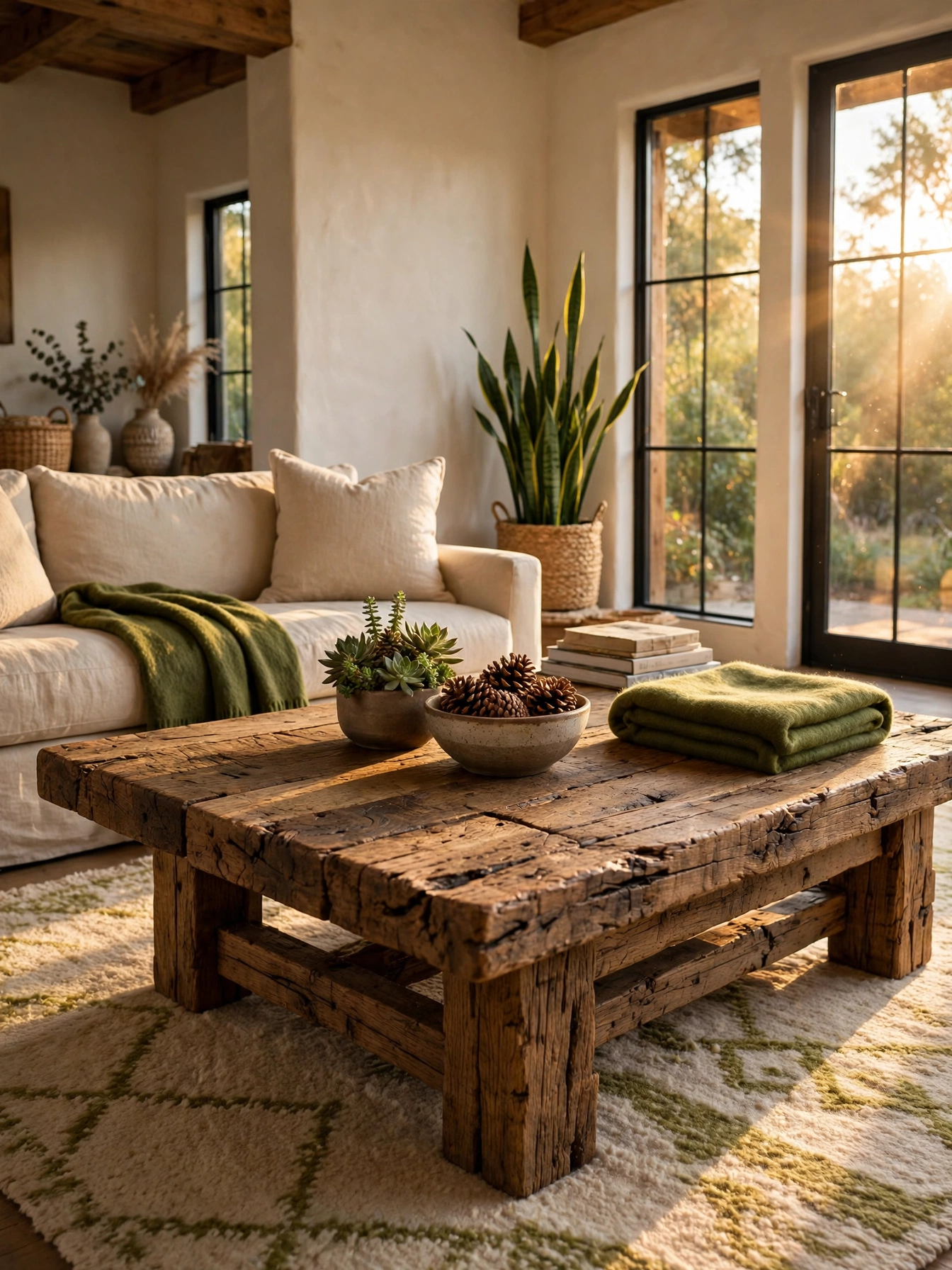 Reclaimed oak coffee table adding storied warmth to these natural living room ideas