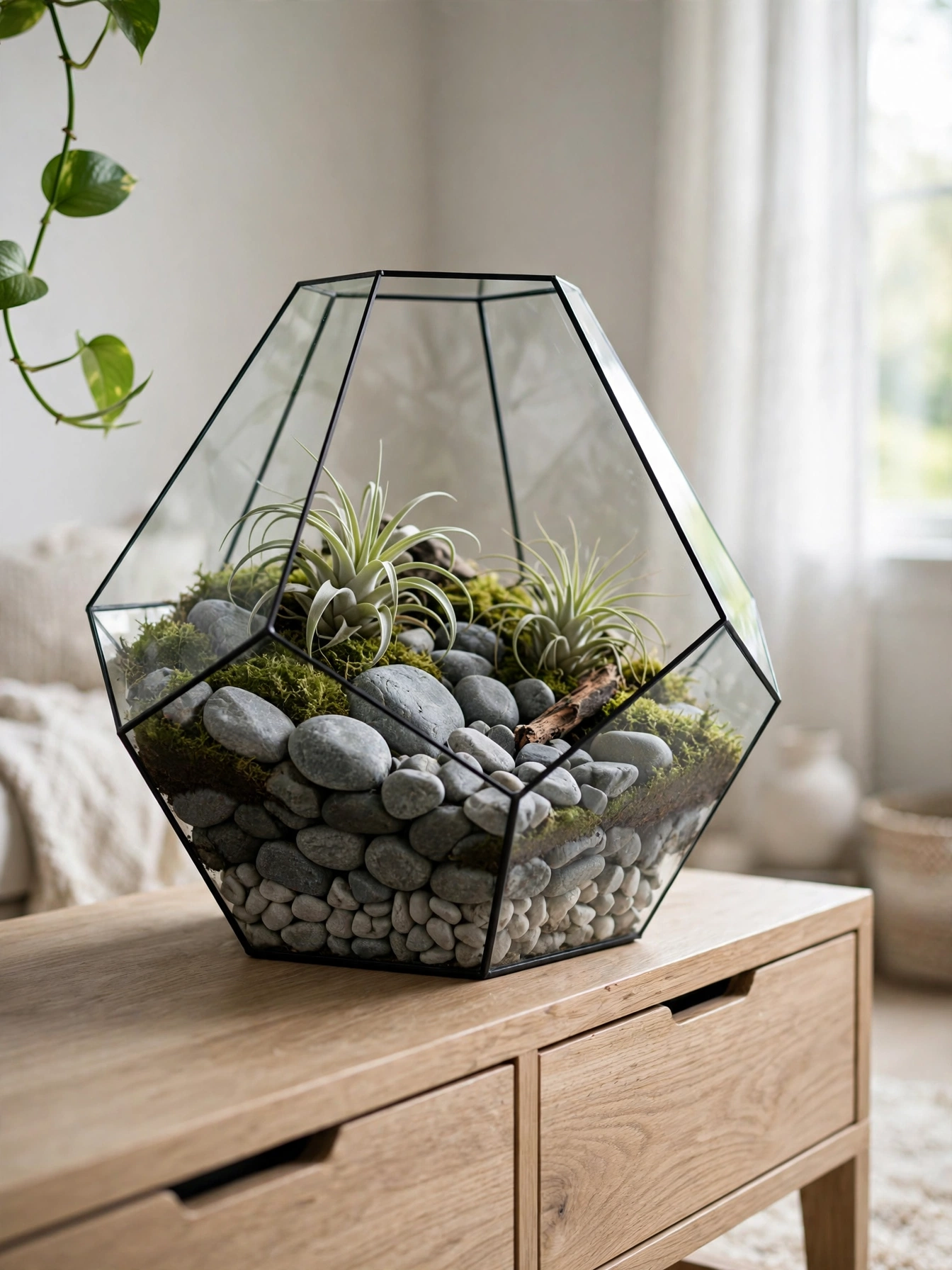Glass terrarium of river rocks and air plants in these natural living room ideas