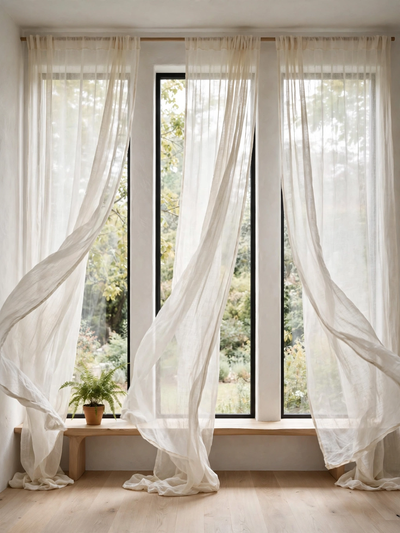 Sheer linen curtains filtering daylight through these natural living room ideas
