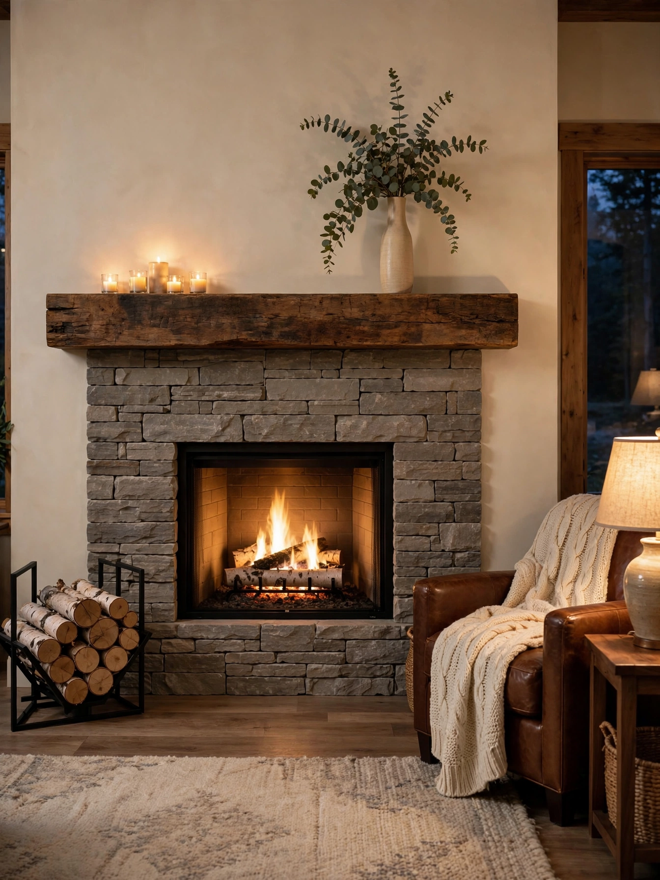 Stacked stone fireplace surround giving these natural living room ideas a timeless focal point