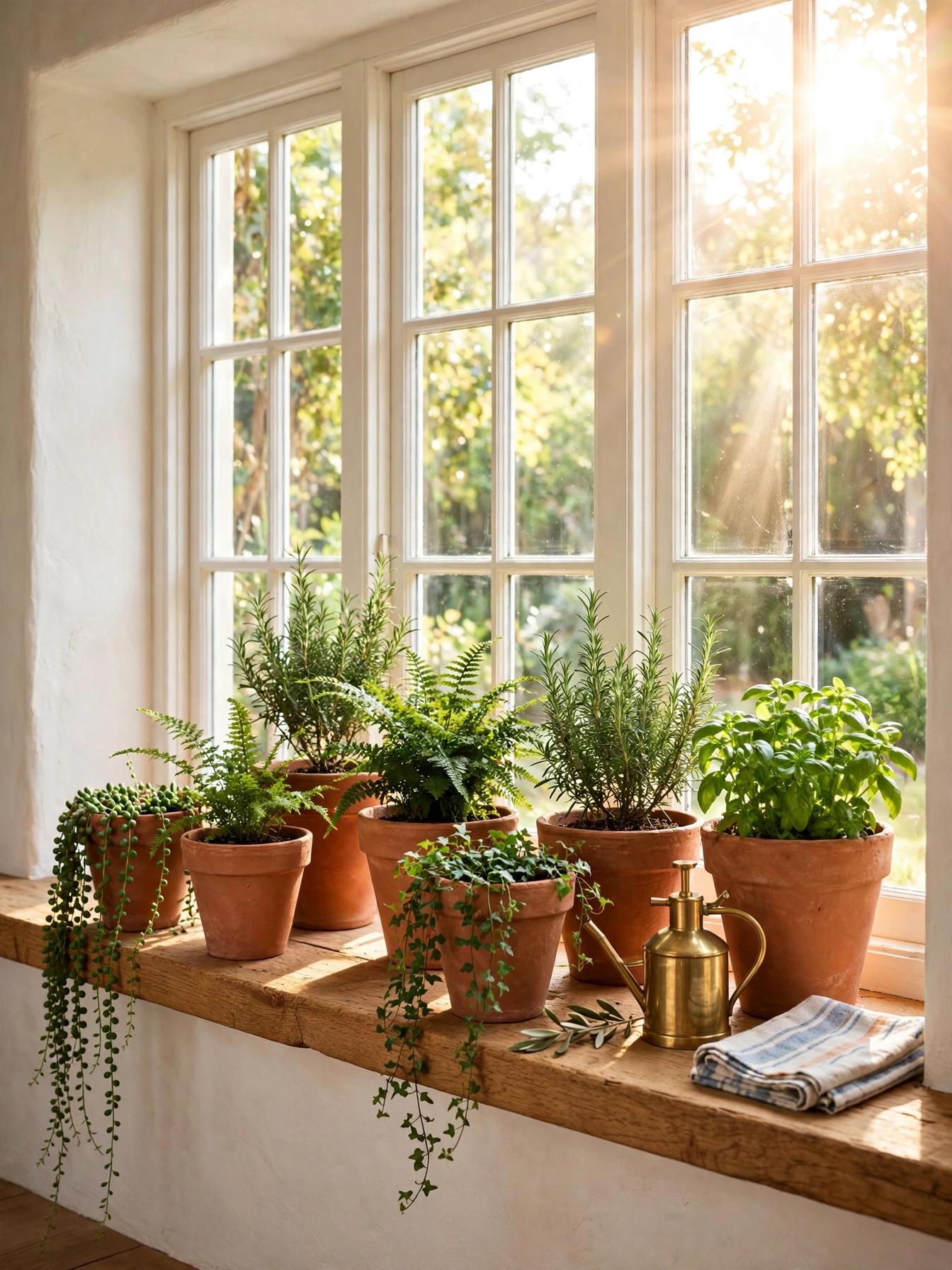 Terracotta pot cluster with herbs warming the windowsill in these natural living room ideas