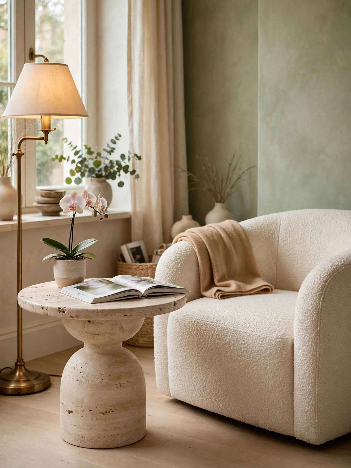 Honed travertine side table adding cool stone contrast to these natural living room ideas