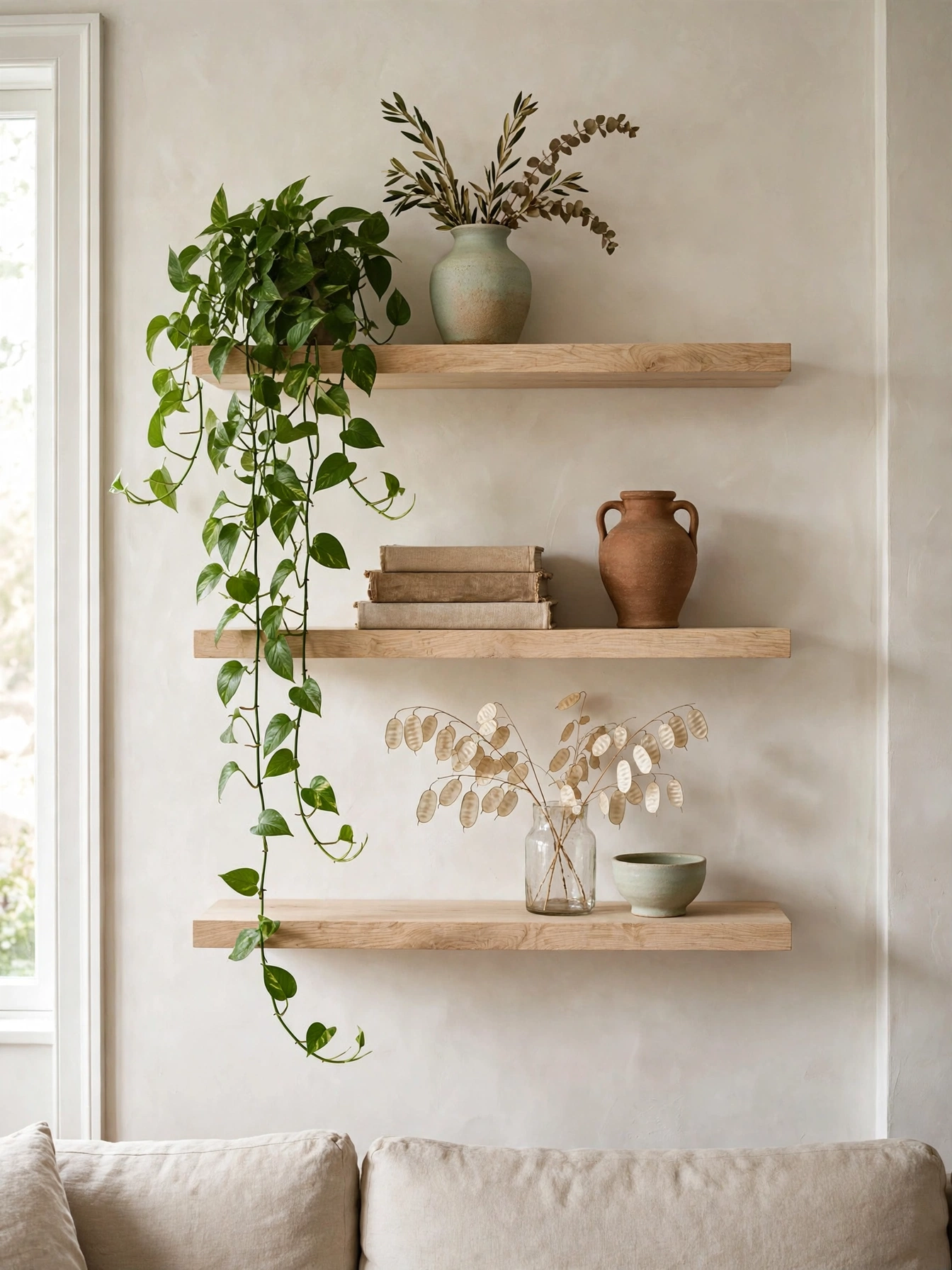 Raw oak floating shelves styling plants and ceramics in these natural living room ideas