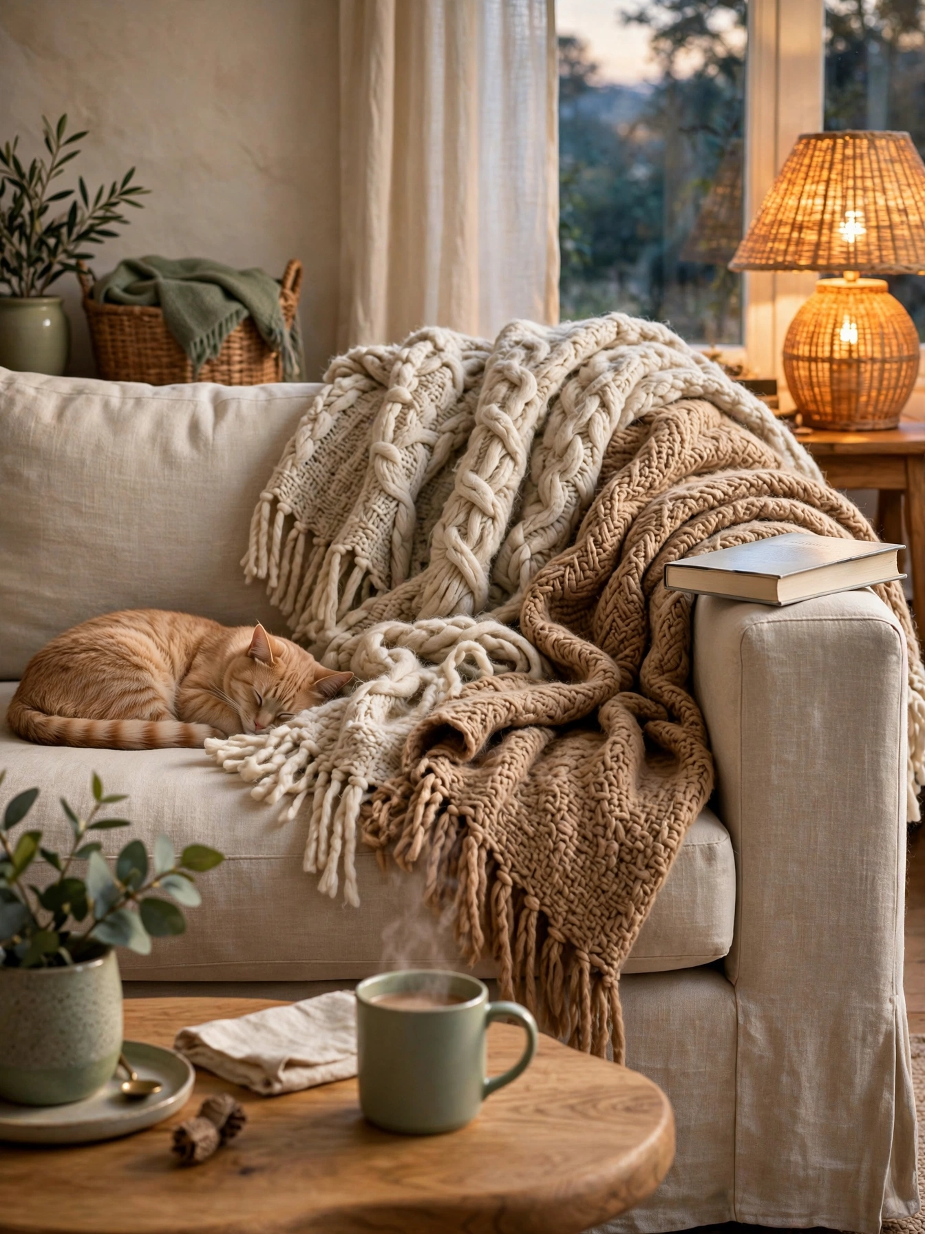 Chunky wool throws layering cozy texture over the sofa in these natural living room ideas