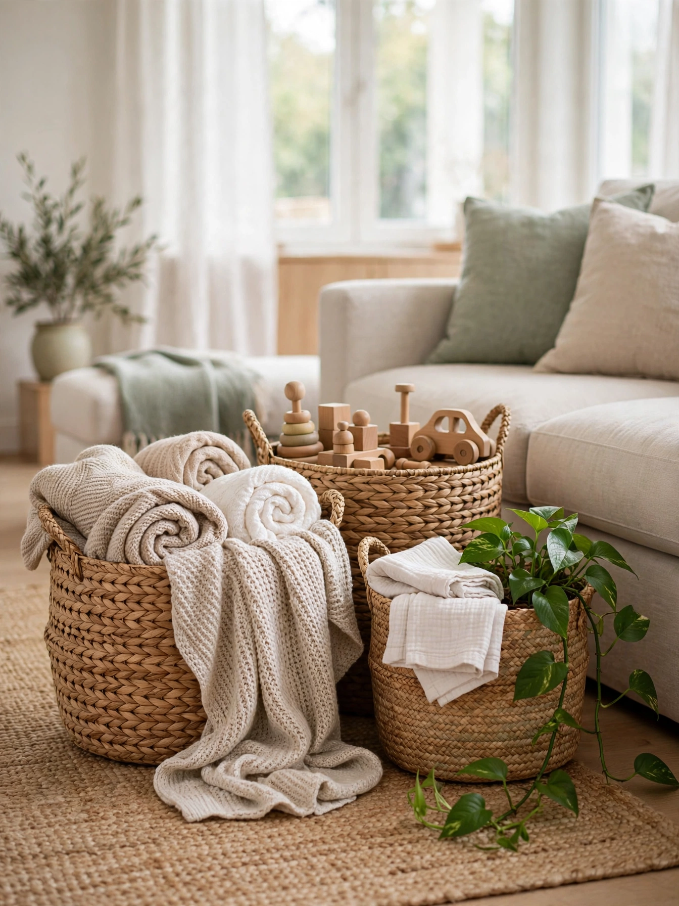 Woven seagrass baskets keeping these natural living room ideas tidy and textured