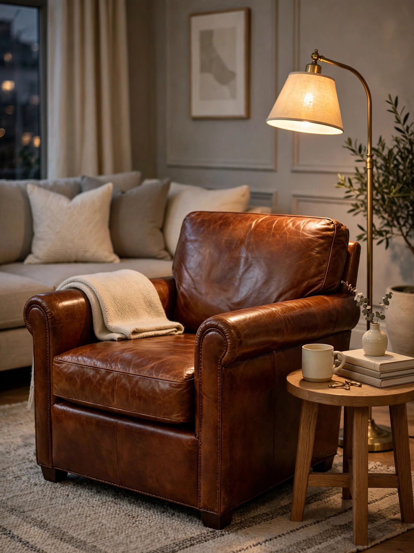 Cognac leather armchair glowing in lamplight, warm neutral living room ideas