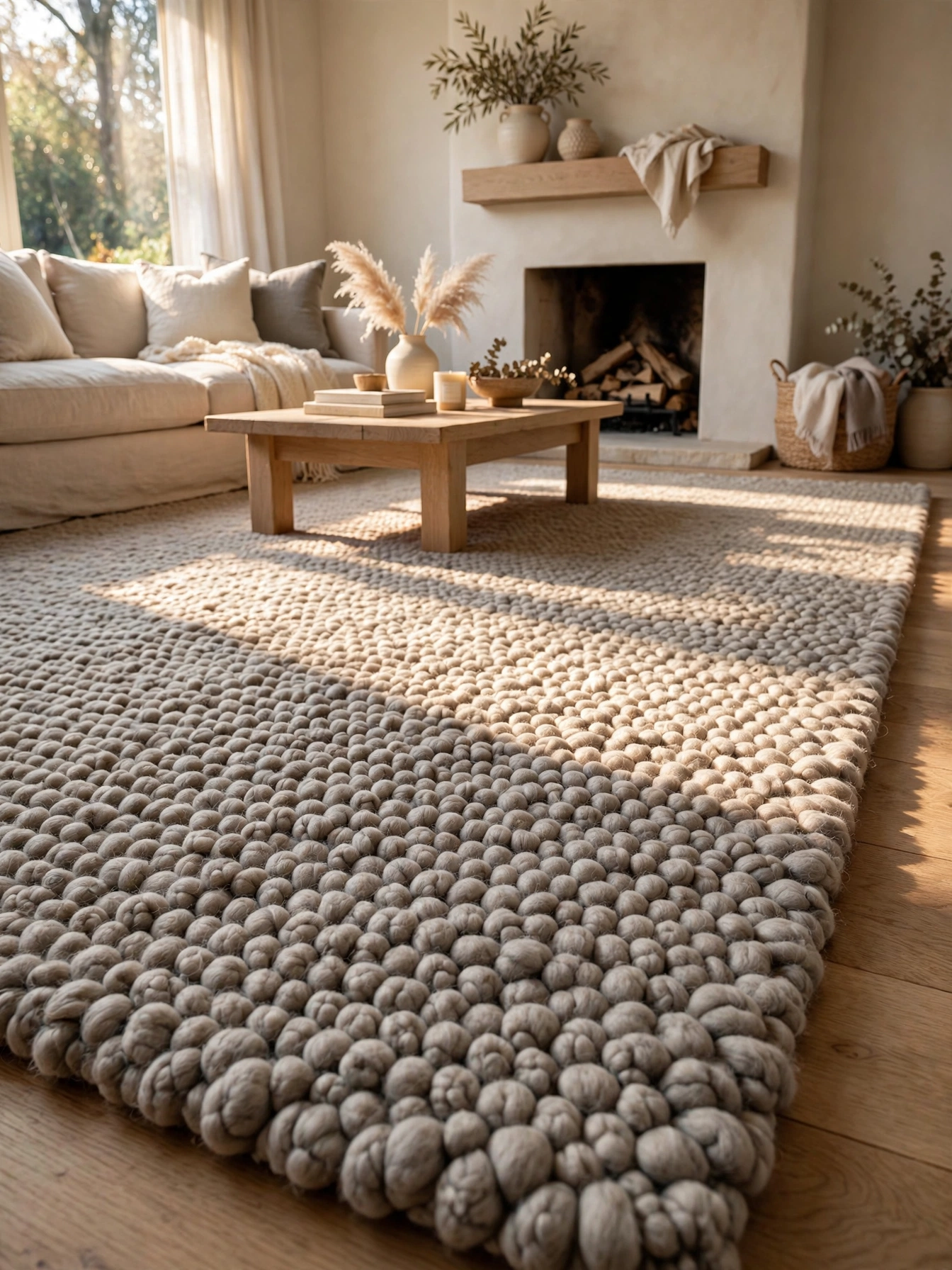 Concrete coffee table with travertine side tables, architectural neutral living room ideas