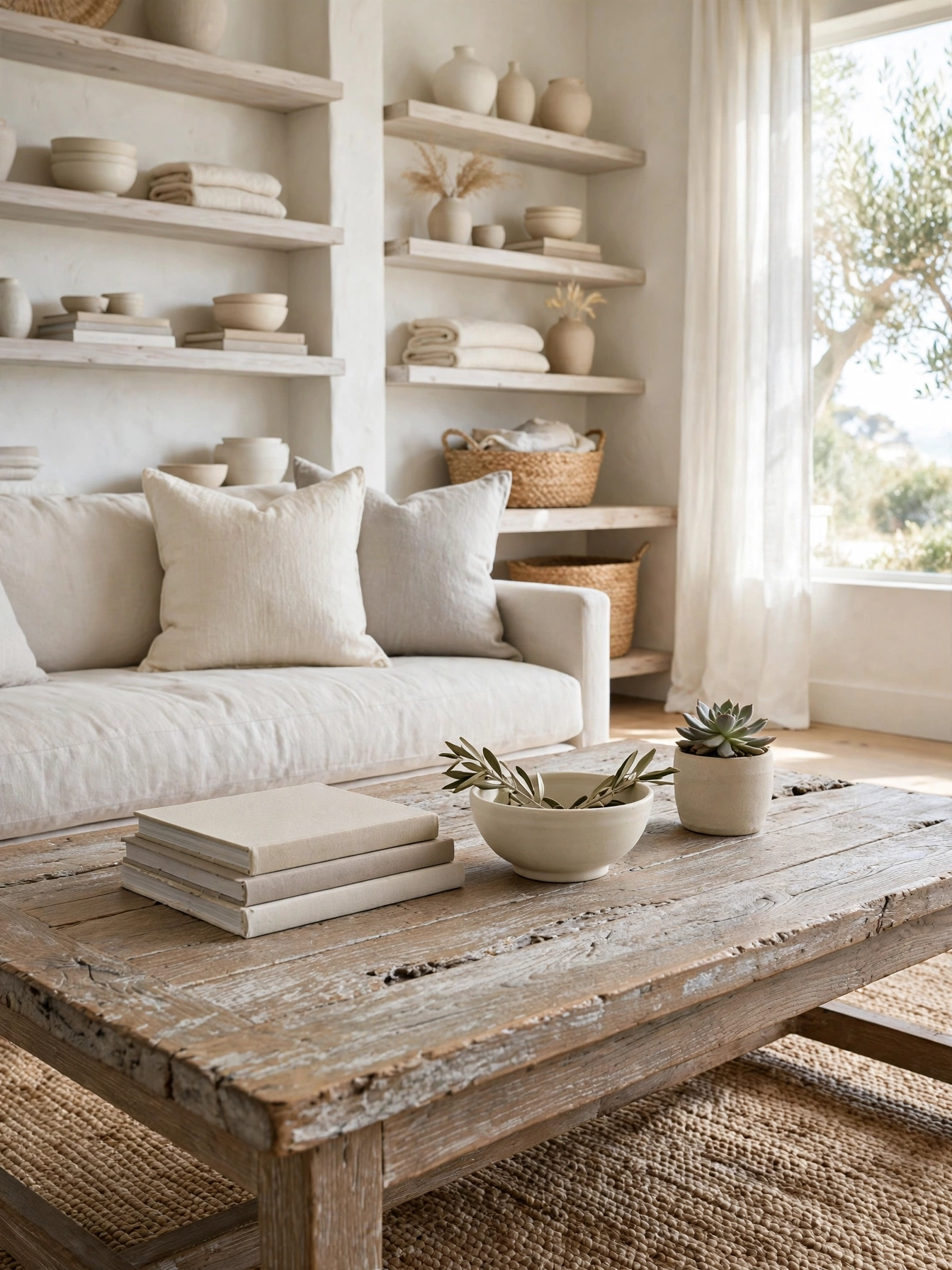 Pair of cream boucle swivel chairs on a round rug, cozy neutral living room ideas