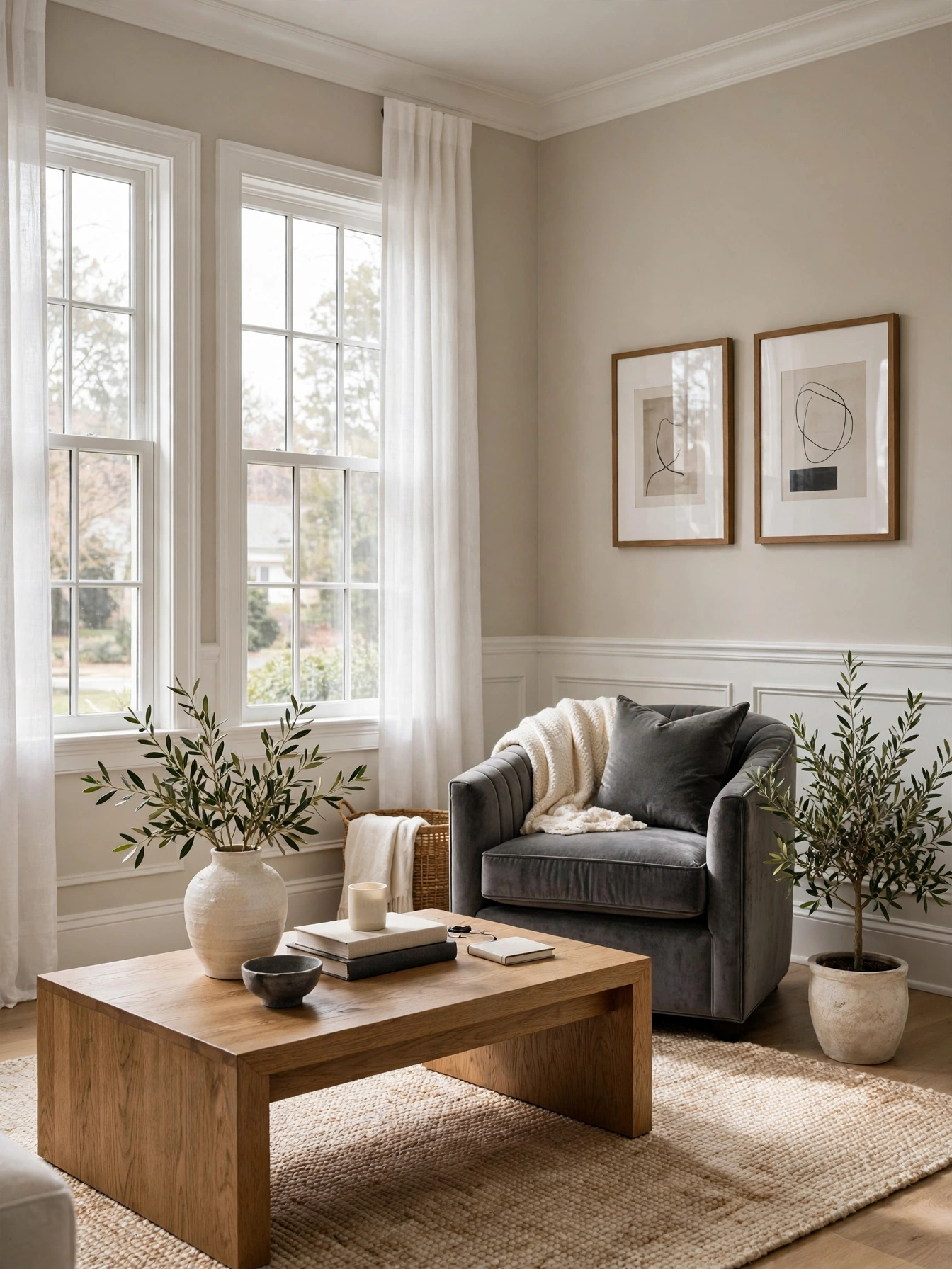 Greige walls with white trim and charcoal accents, polished neutral living room ideas