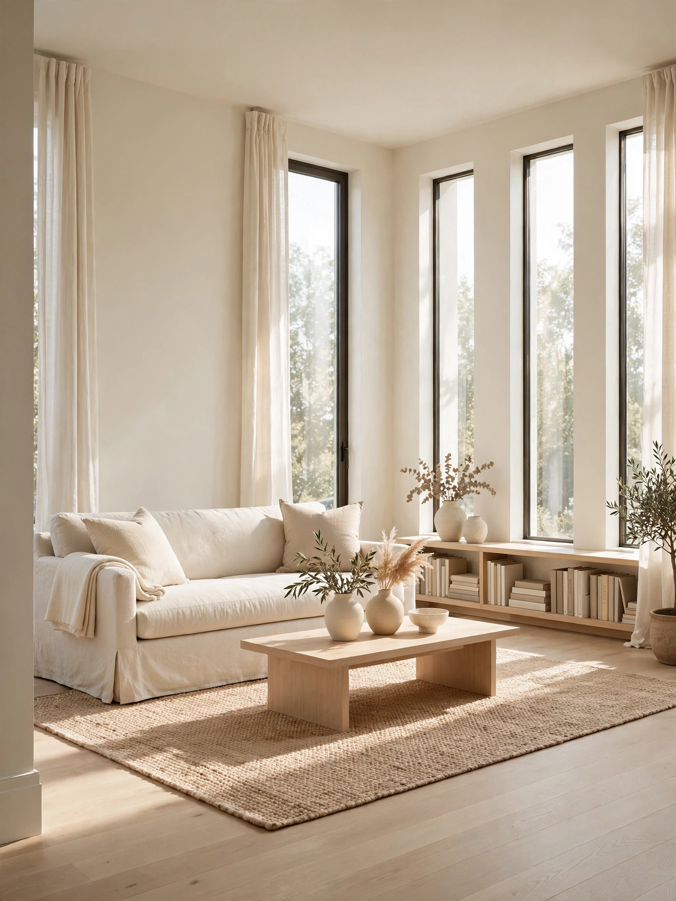 Two ivory slipcovered sofas facing each other, a calm take on neutral living room ideas
