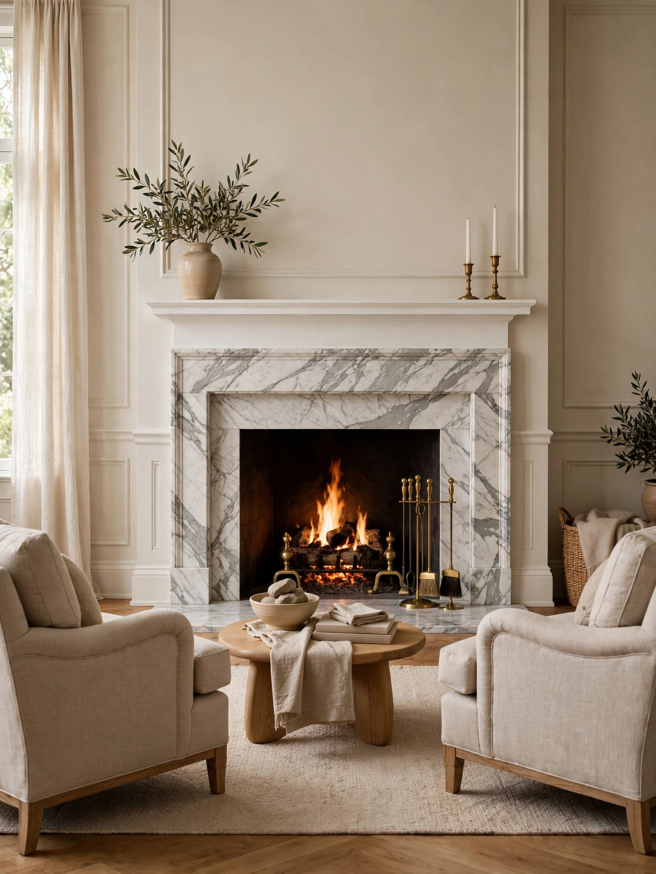 Three lamps glowing at different heights, layered neutral living room ideas