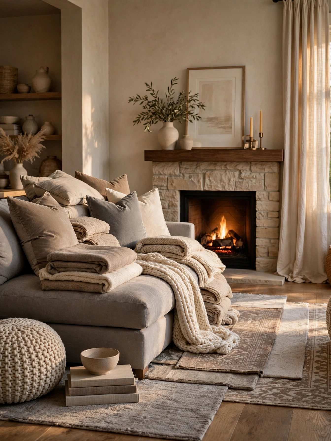 Layered throws and cushions on a gray sofa, neutral living room ideas built on texture