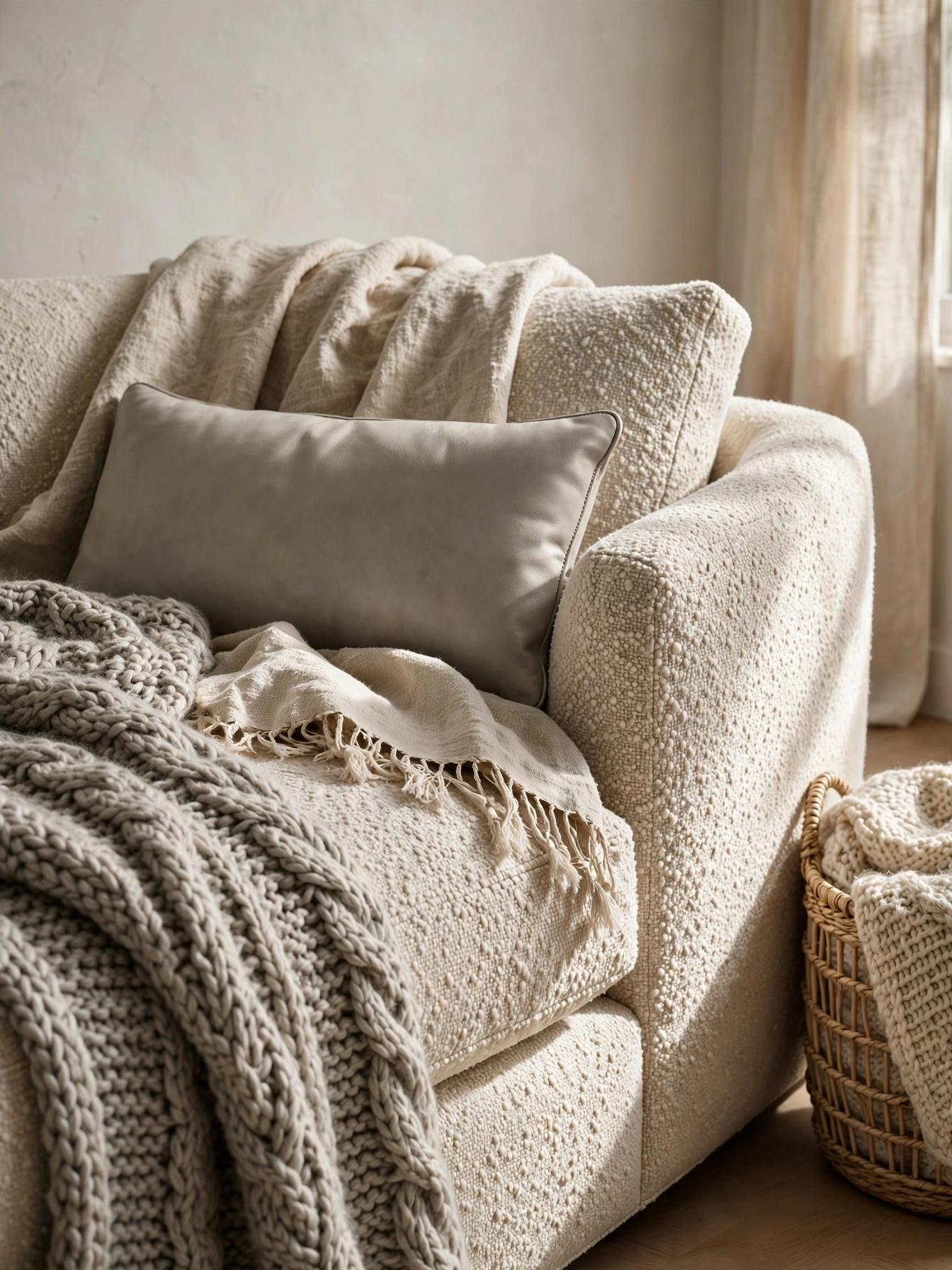 Oatmeal Belgian linen sofa by a tall window, relaxed neutral living room ideas