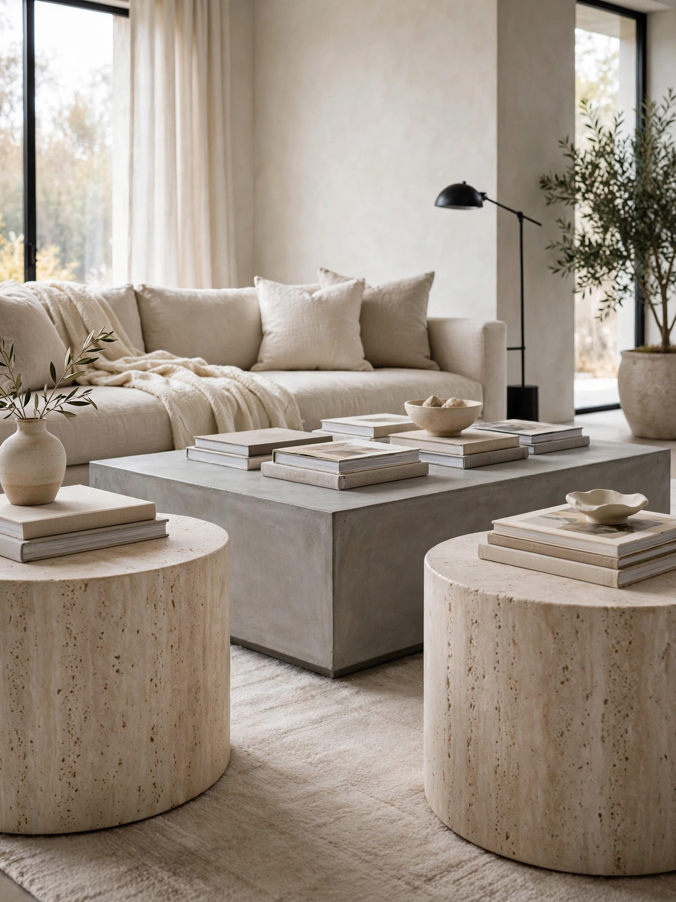 Floor-to-ceiling white linen curtains glowing with daylight, airy neutral living room ideas