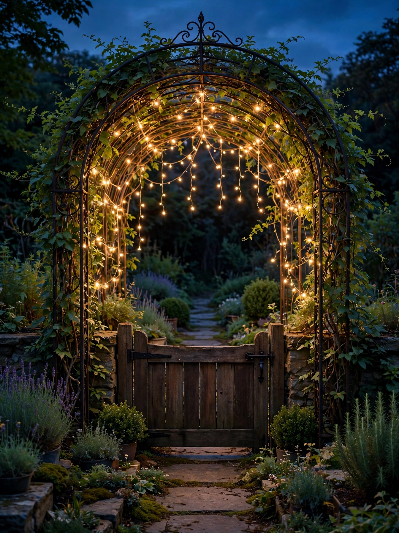 outdoor christmas lights ideas 2026 draping string lights over a garden arch entrance at night