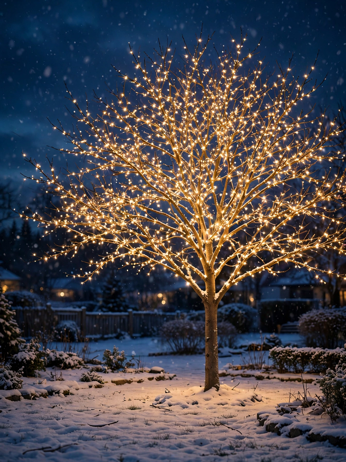 outdoor christmas lights ideas 2026 with twinkle fairy lights on bare tree branch tips at night