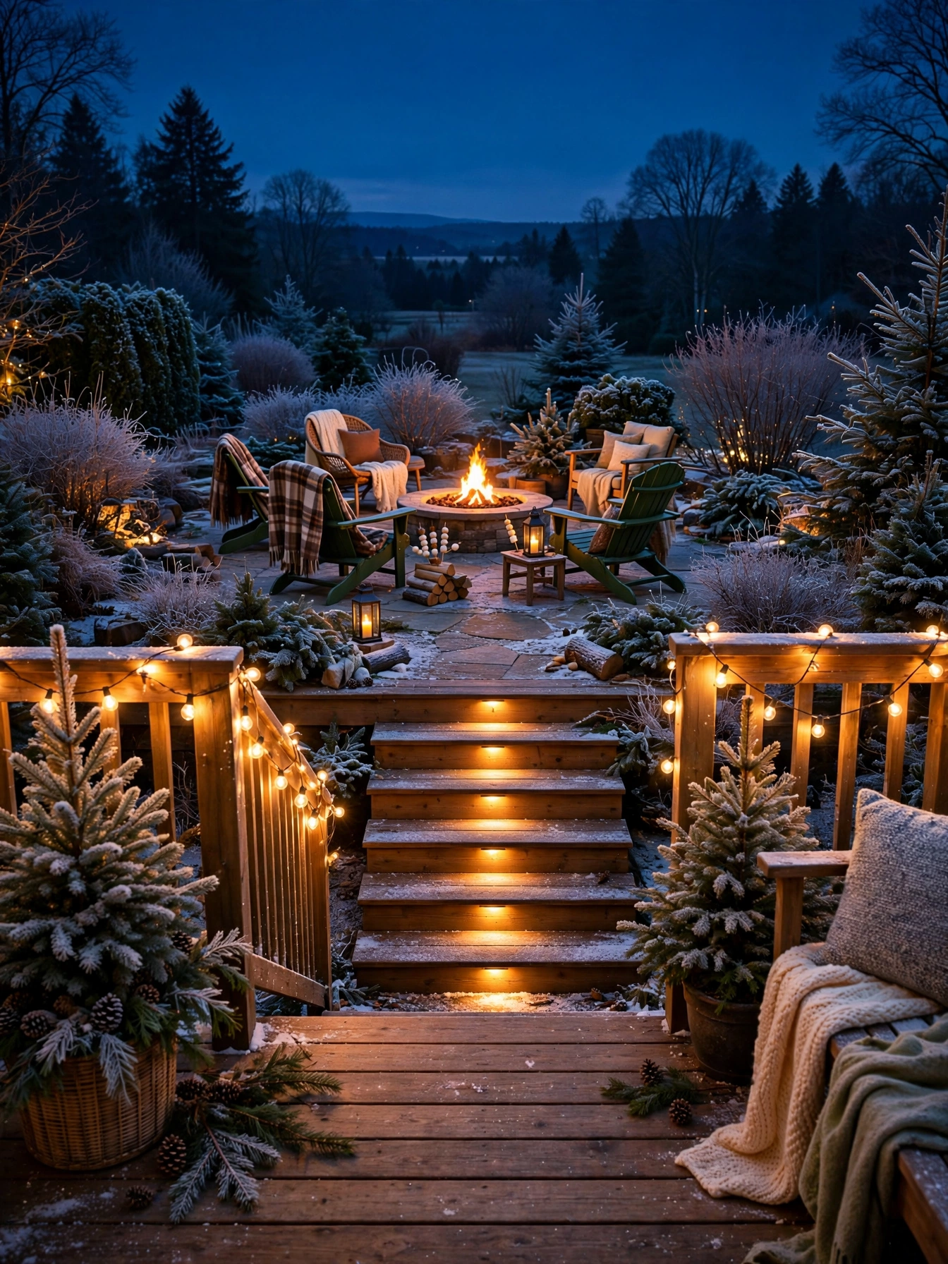 outdoor christmas lights ideas 2026 wrapping warm string lights around a backyard deck railing